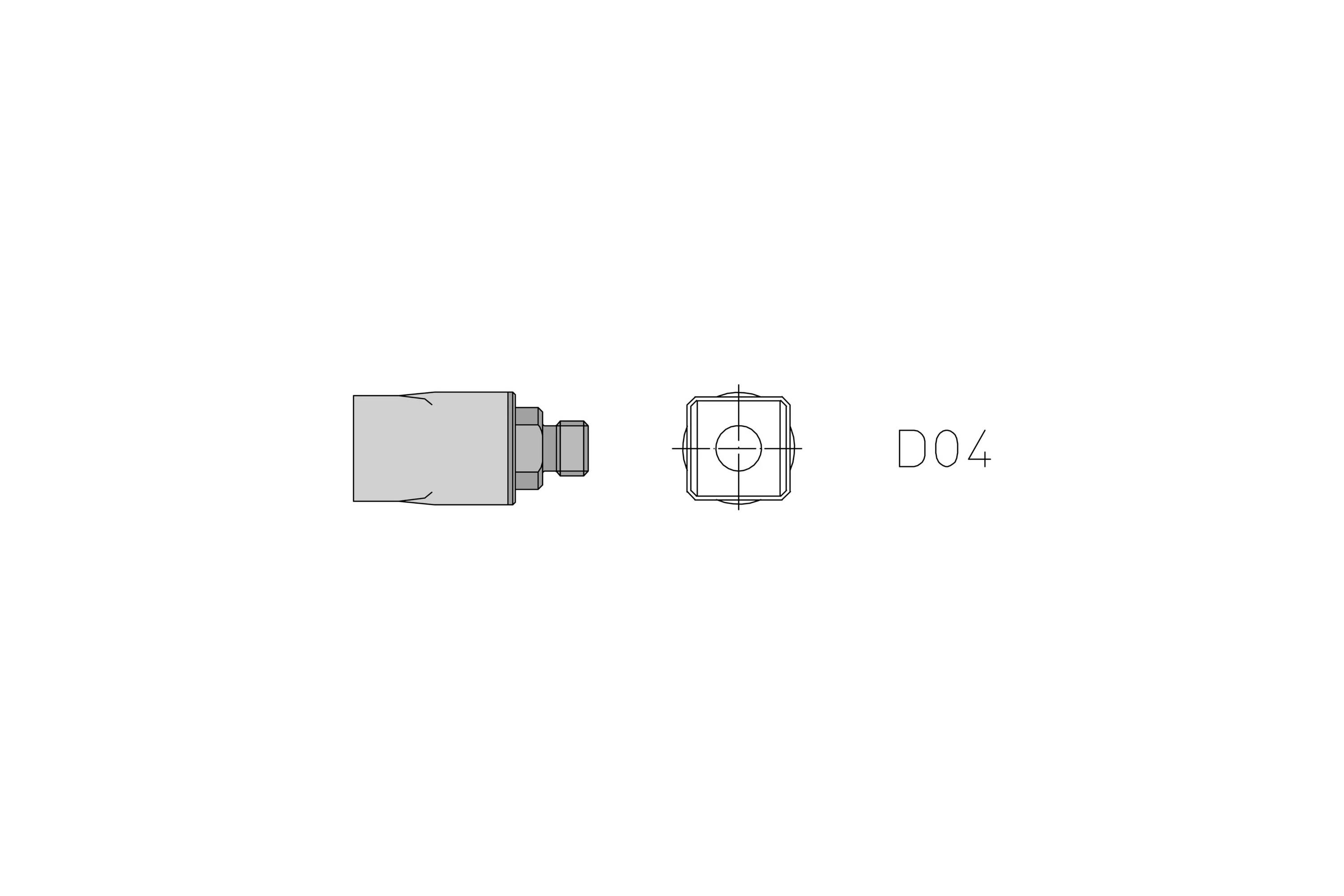 Technical drawing of a cylindrical connector or fastener labeled 'D04', shown in side and front views.