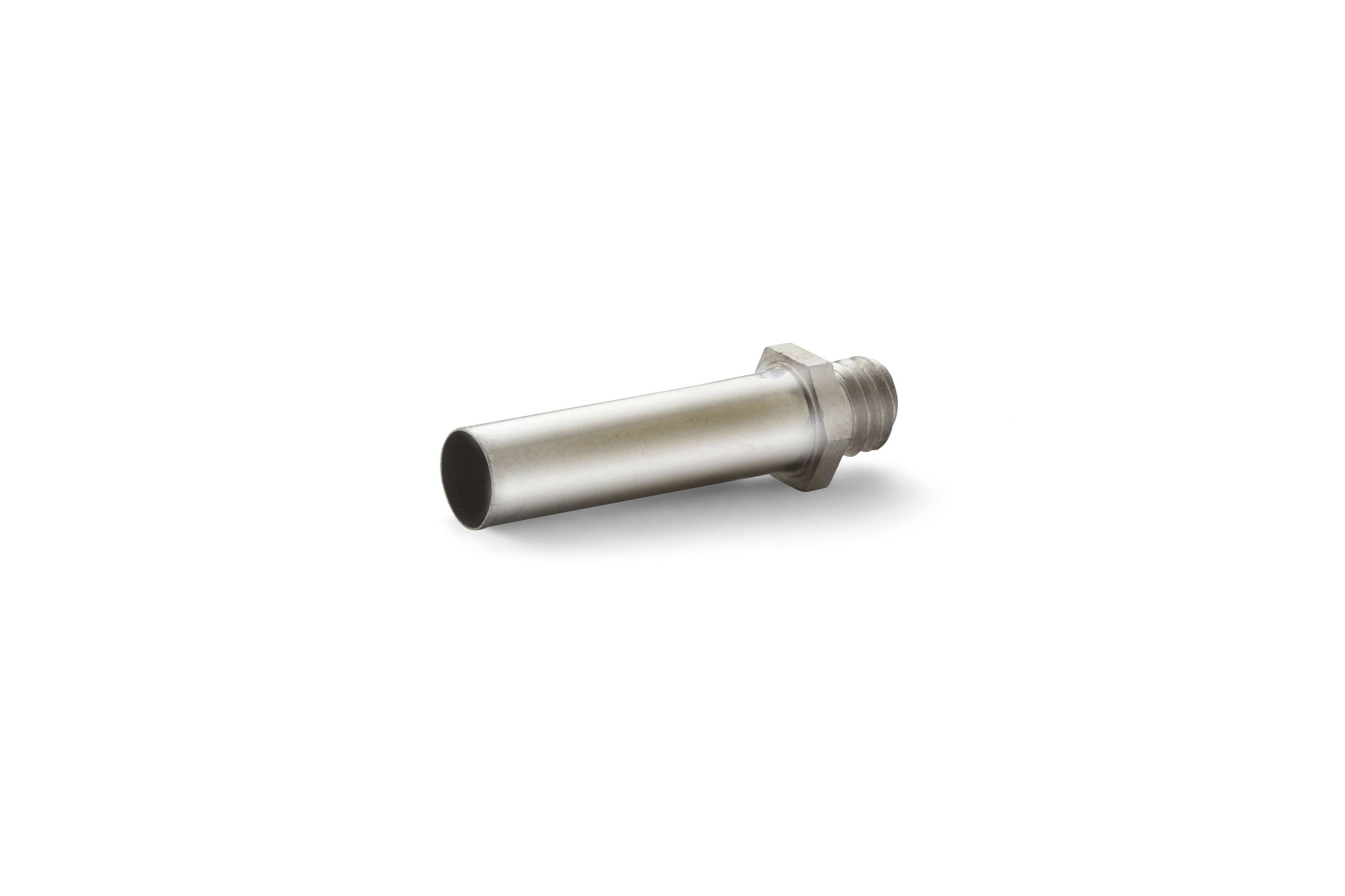 Metal cylindrical pipe fitting with threaded end, shown isolated on a white background.