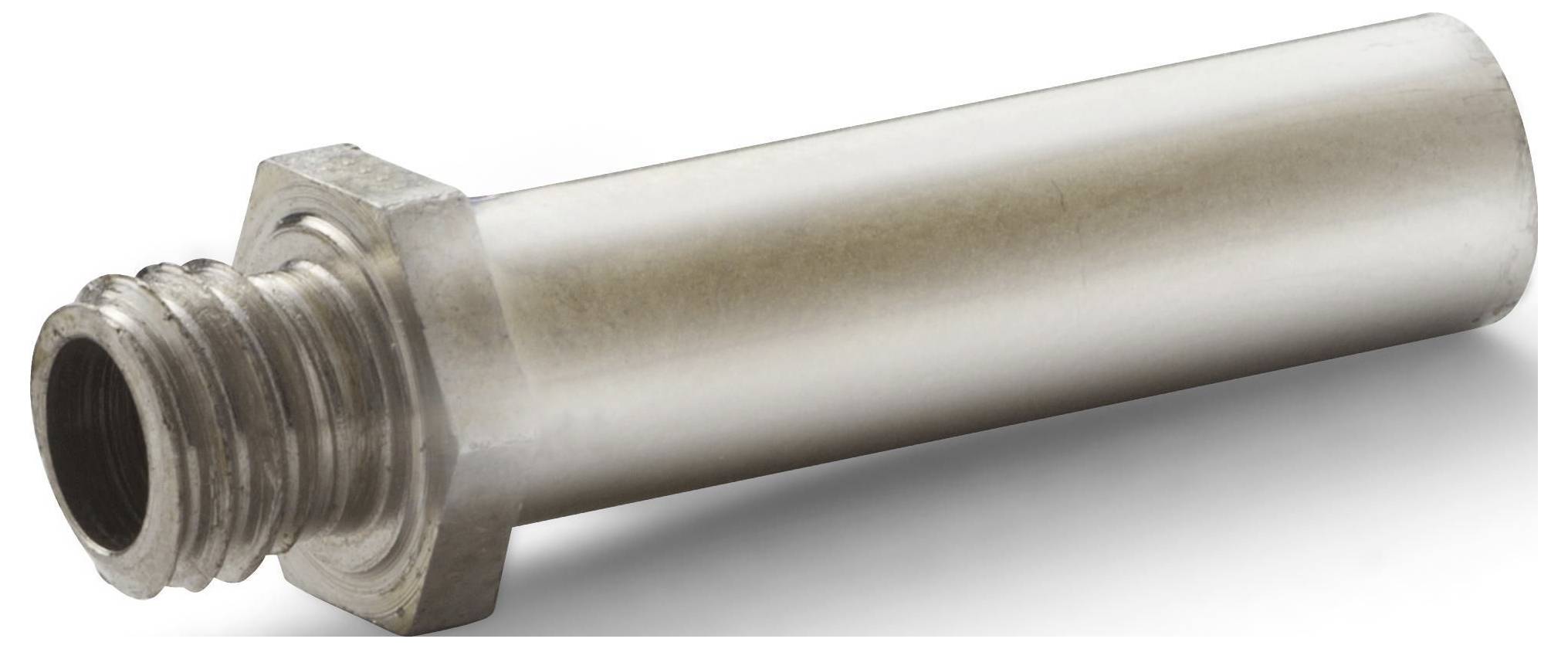 Close-up of a silver metal threaded bolt or stud with a hex shoulder, shown isolated on a white background.