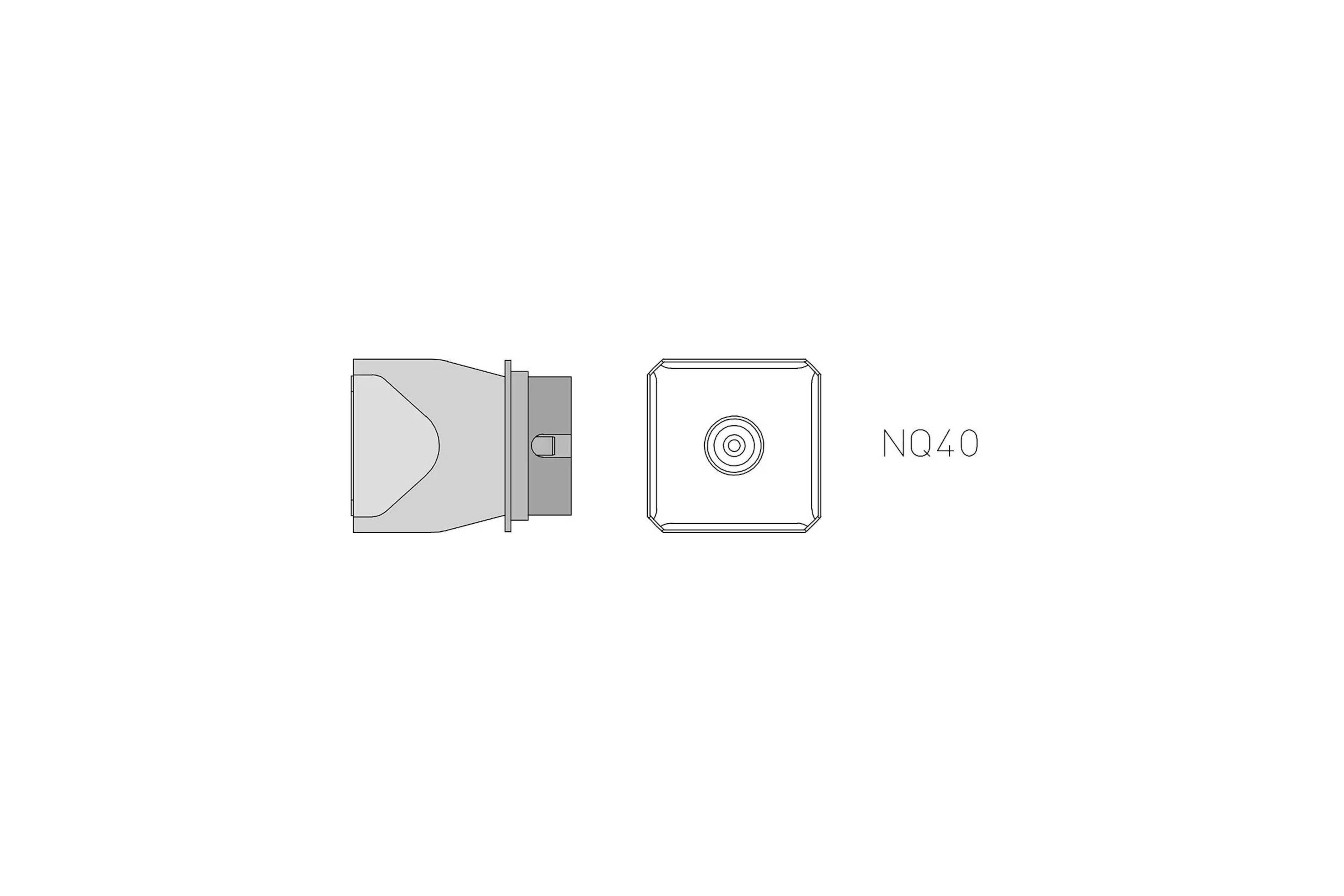Diagram of a connector end labeled 'NQ40', showing side and front views of the fitting.