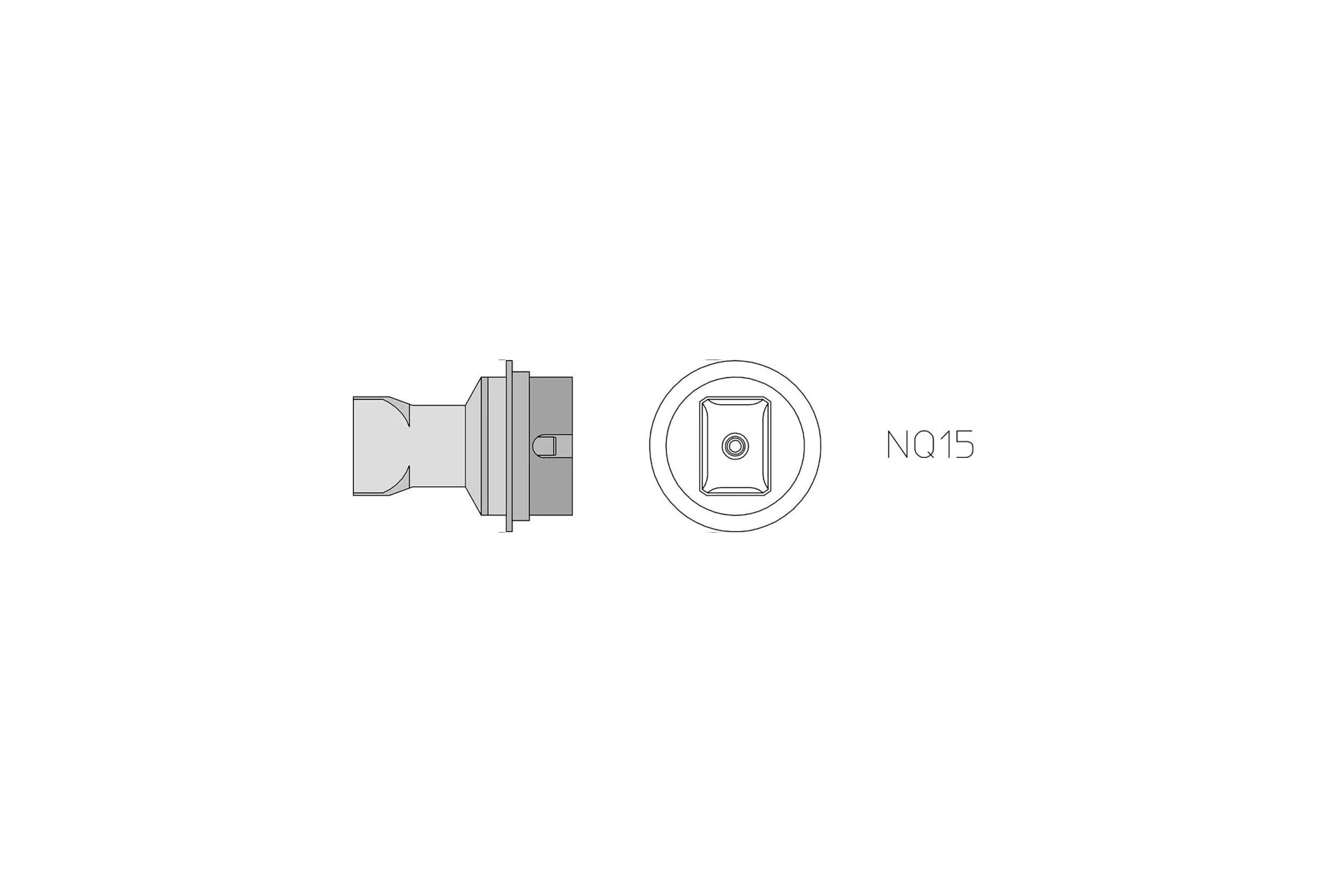 Technical drawing of a camera lens mount labeled 'NQ15' with a front-view circular mount symbol.
