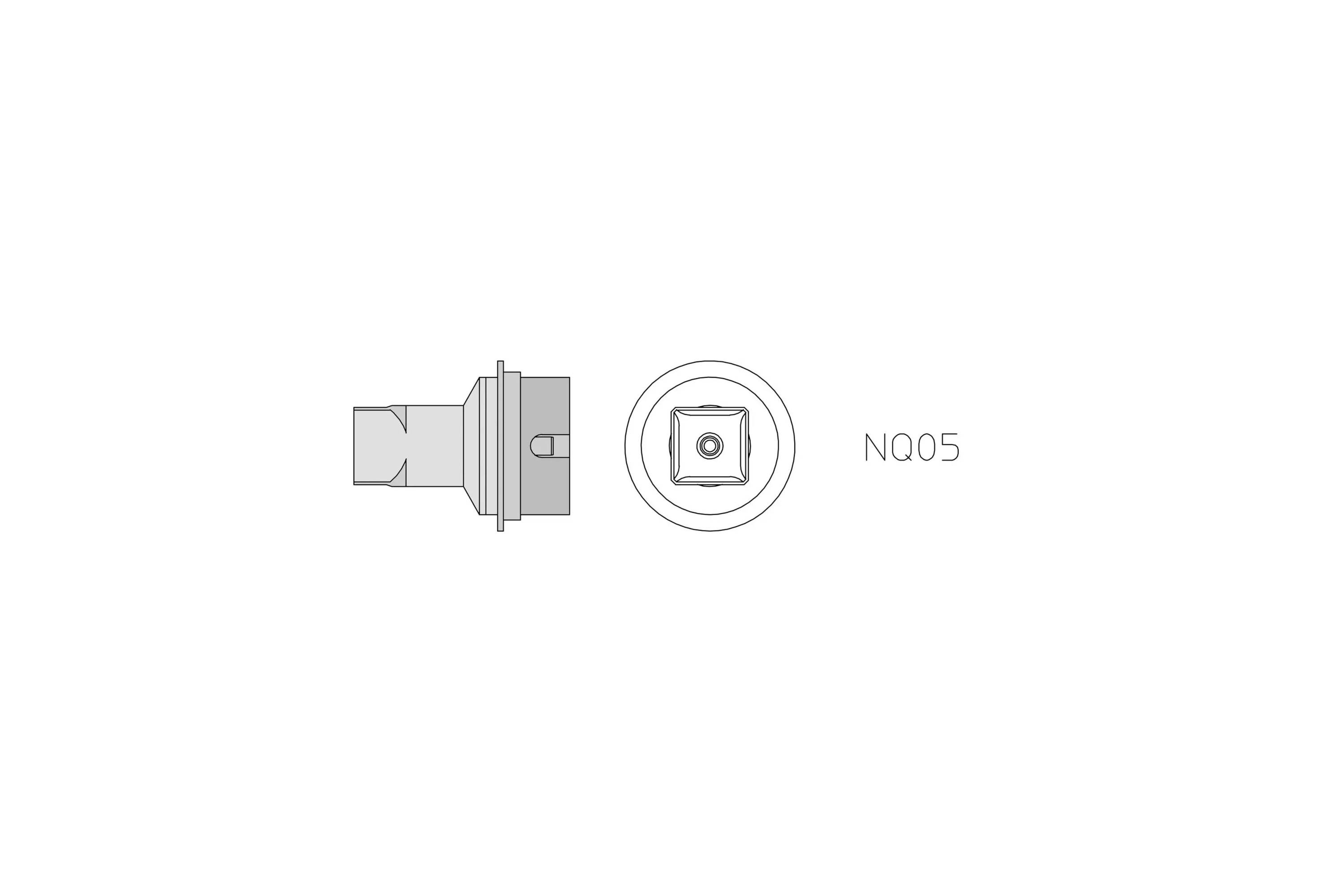 Line drawing of a connector or plug with front and side views labeled 'NQ05'.