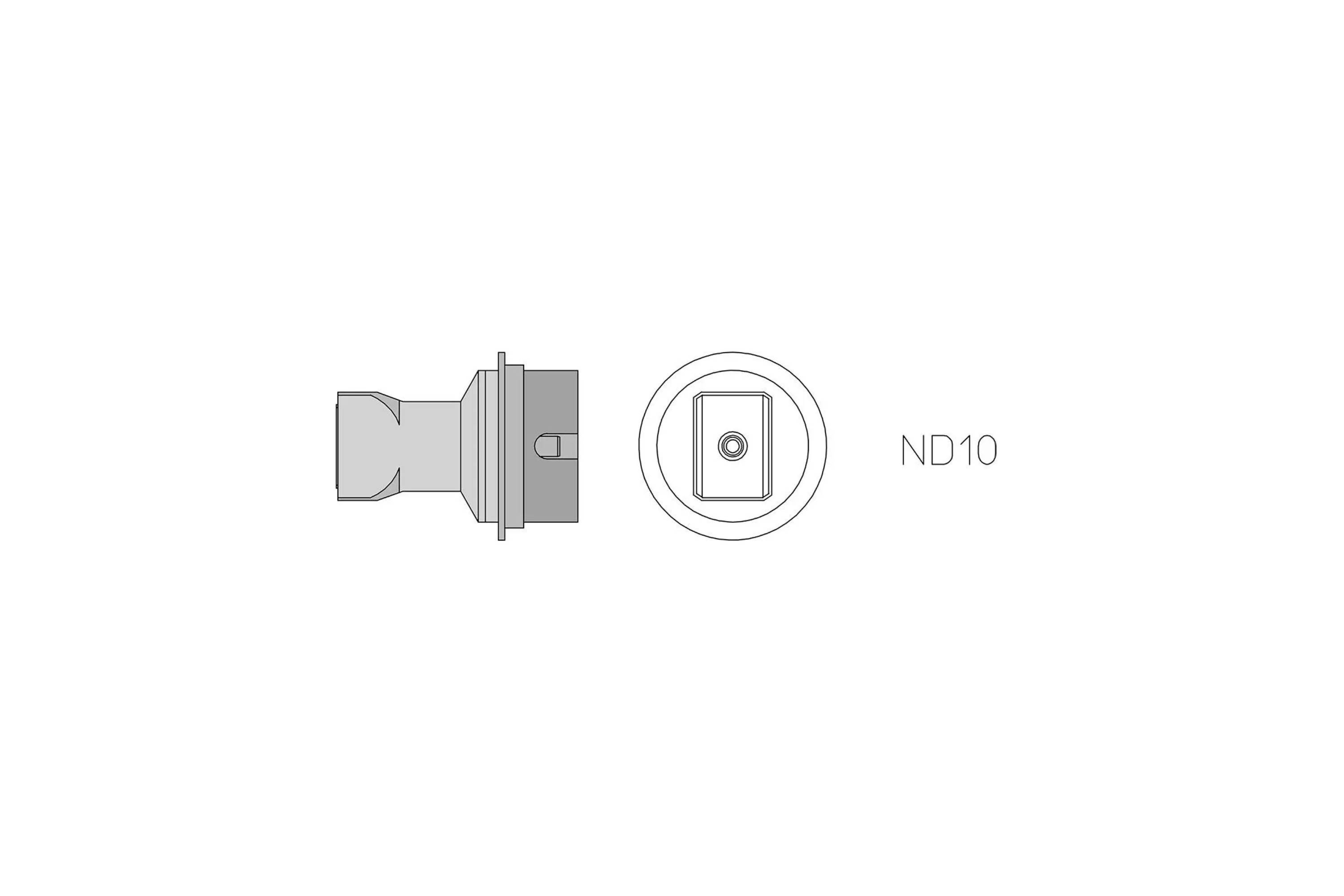 Gray technical icon of a connector or plug labeled ND10, shown in side and front views.