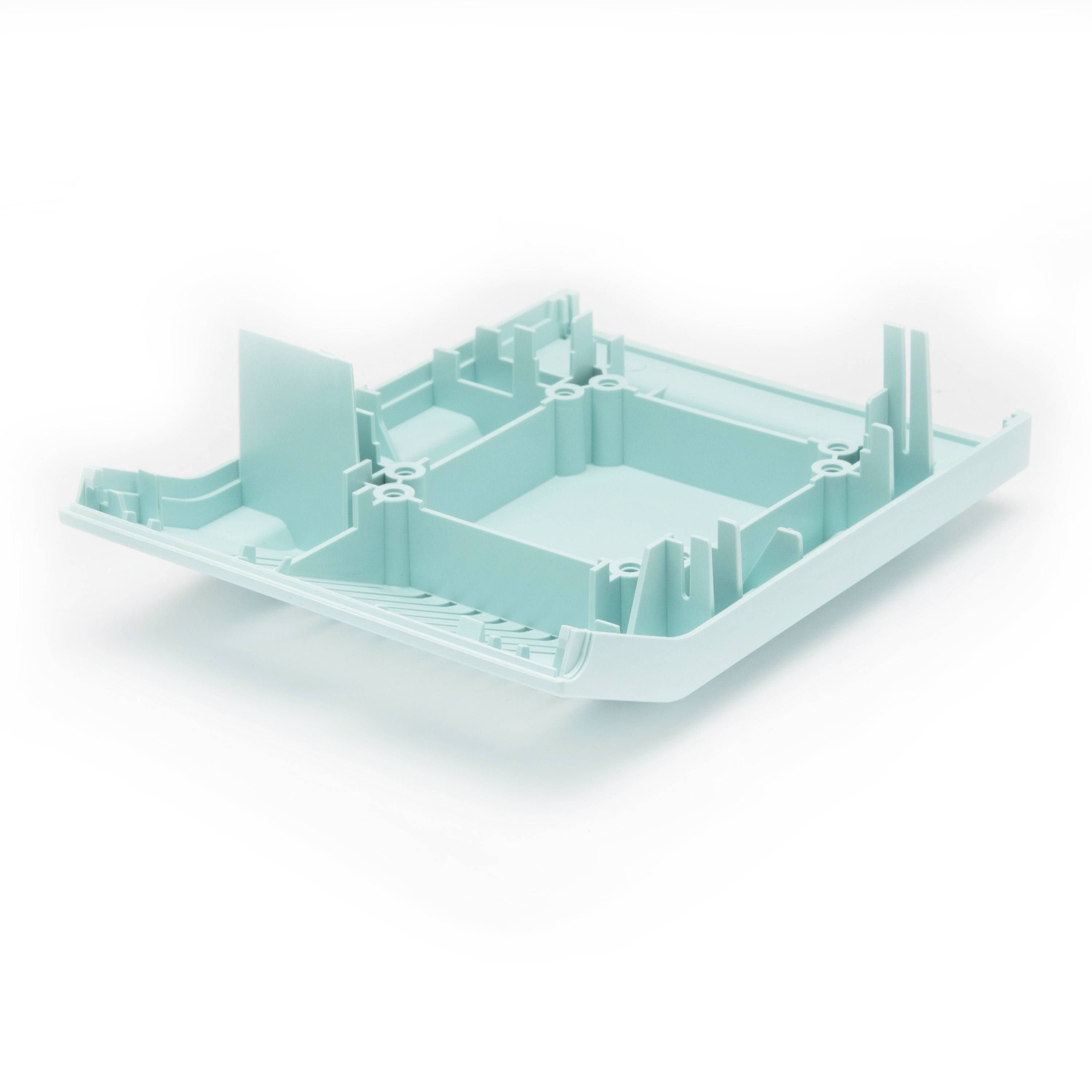 Light teal plastic housing or tray component shown in perspective on a white background