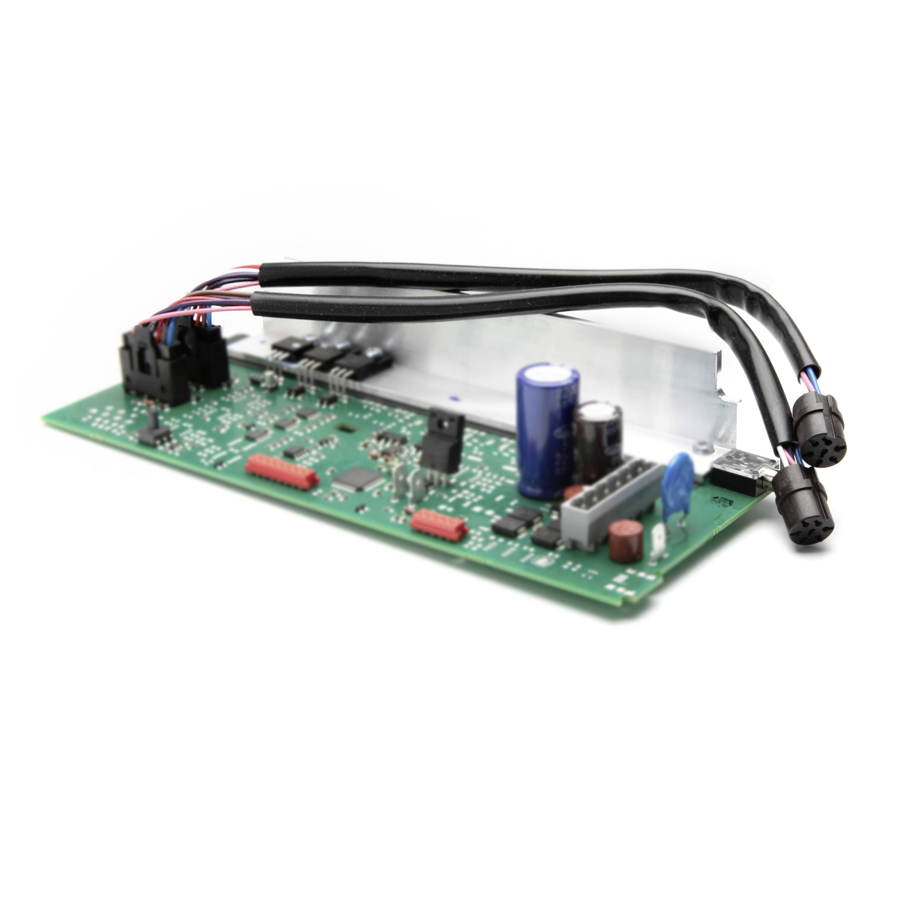 Electronic circuit board with connected wiring and a metal housing, showing a compact control module or device component on a white background.