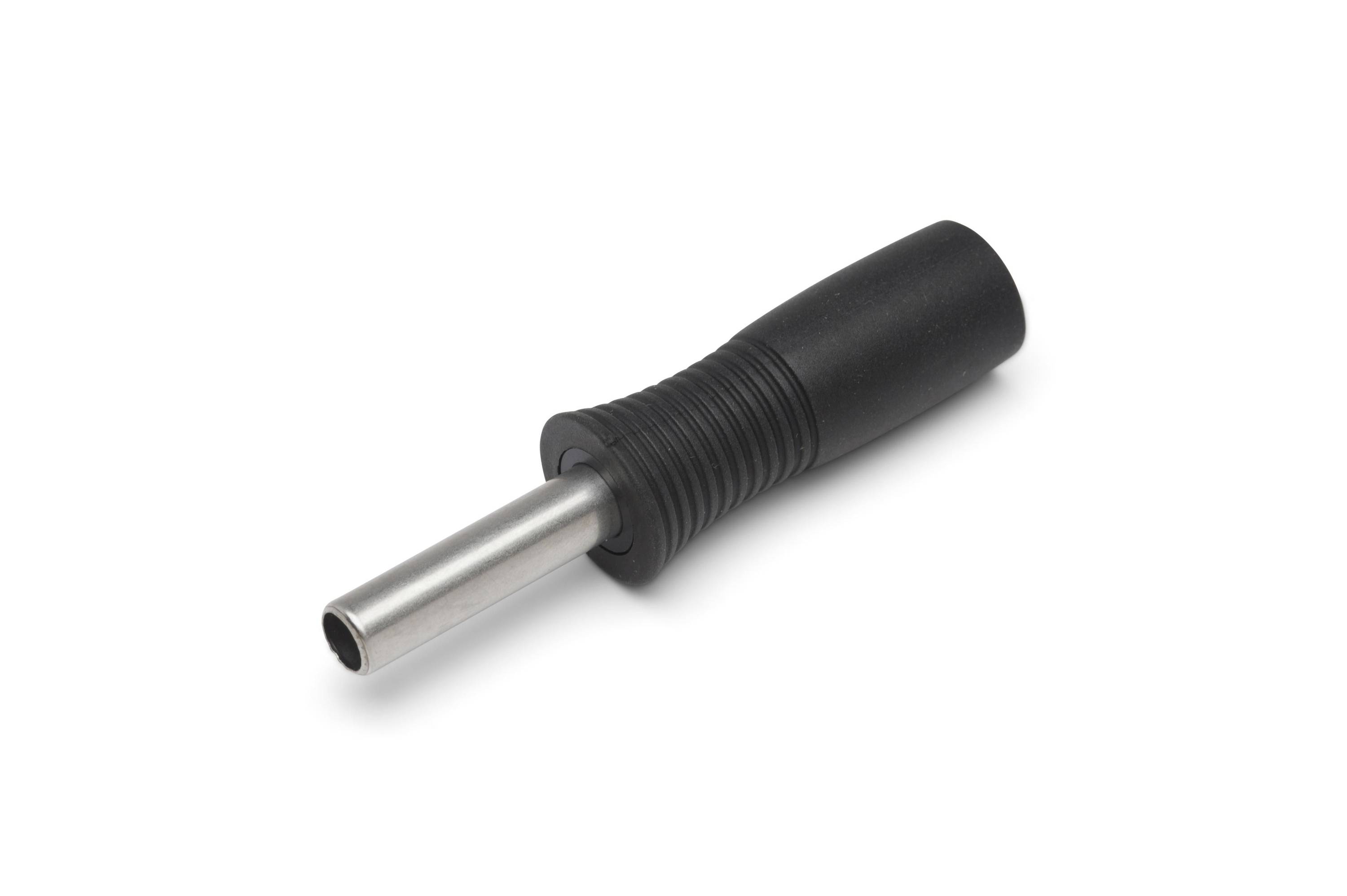 Black-handled metal nozzle or tube connector on a white background.