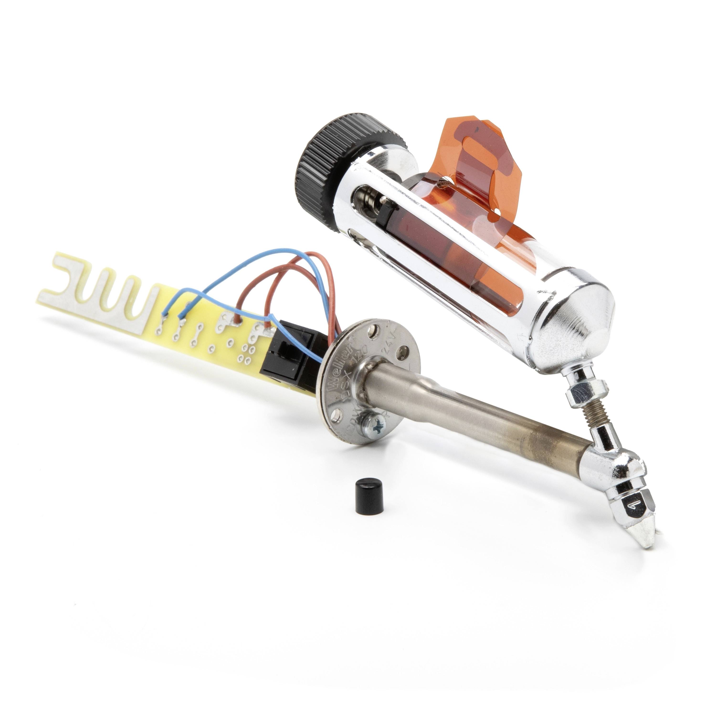 Electronic soldering iron and heating element components with wires, shown on a white background.