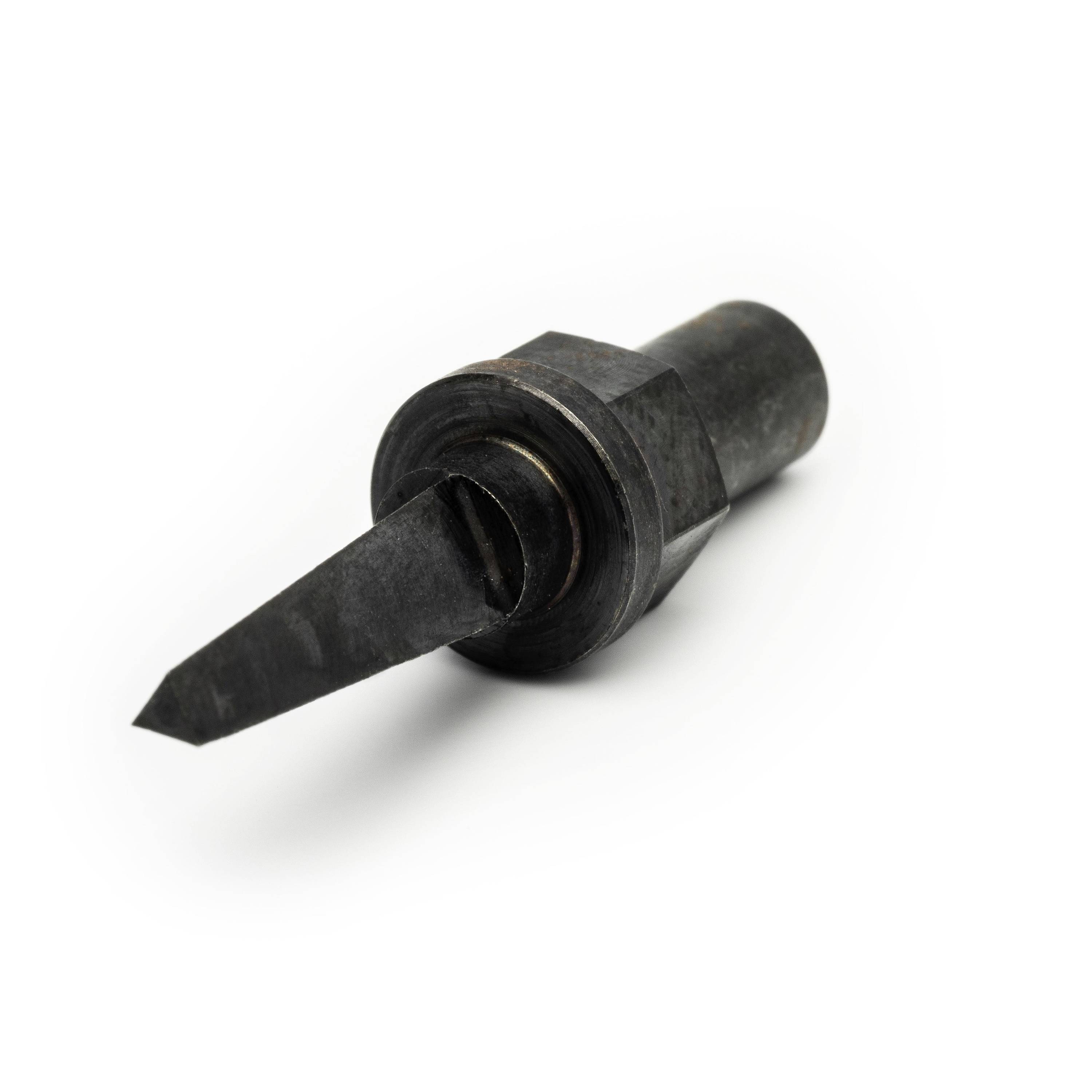Black metal punch or awl tool with a pointed blade on a white background