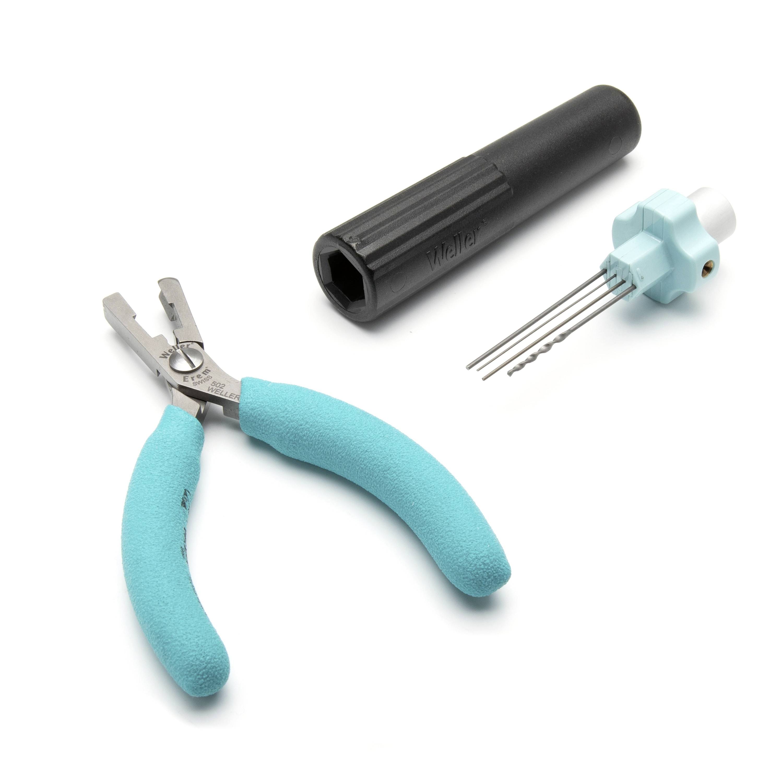 Small electronics tool set with turquoise-handled pliers, black hex socket tool, and a blue test component with metal probe leads on a white background