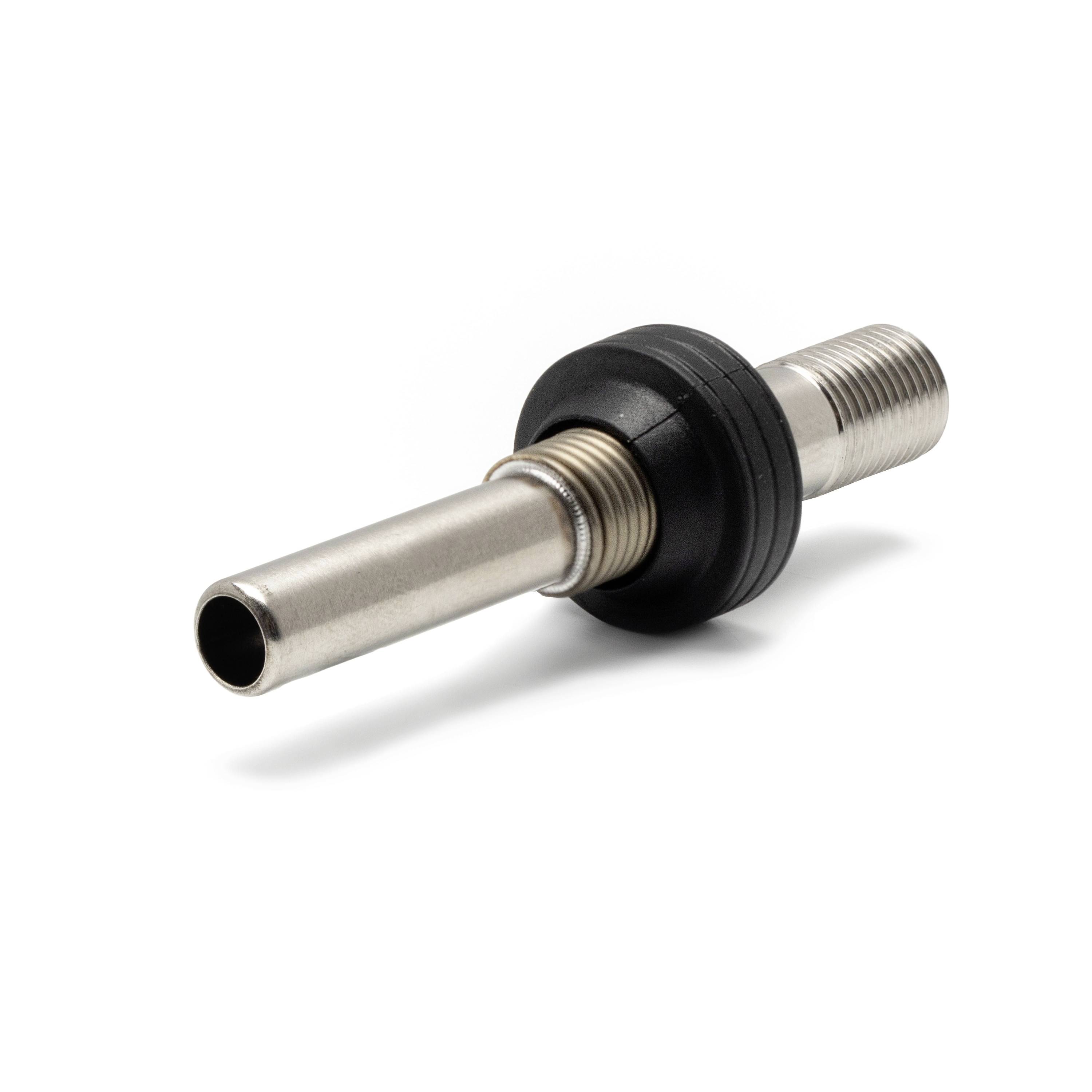Metal threaded pipe fitting with a black rubber gasket and cylindrical tube, shown isolated on a white background.