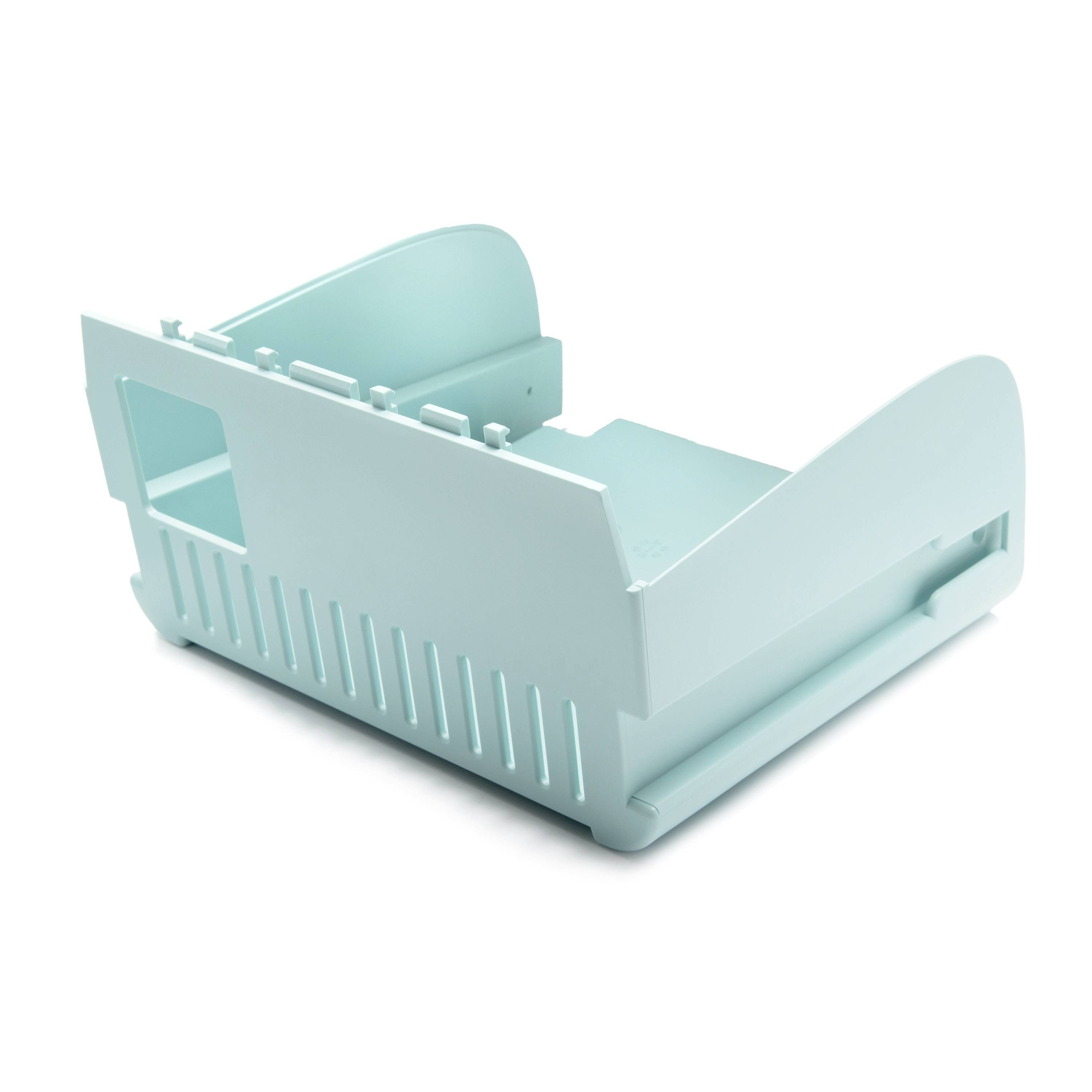 Light blue plastic computer drive enclosure or tray, shown isolated on a white background.