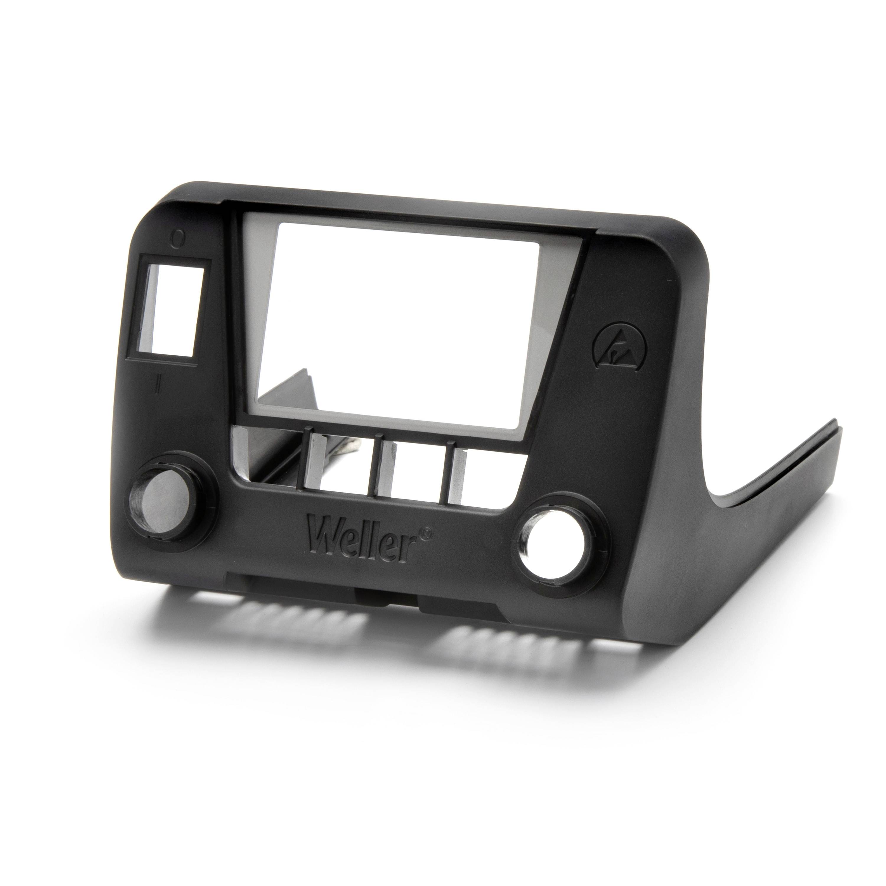 Black plastic Weller soldering station stand with front cutouts, two circular openings, and side cradle for holding a soldering iron or tool.