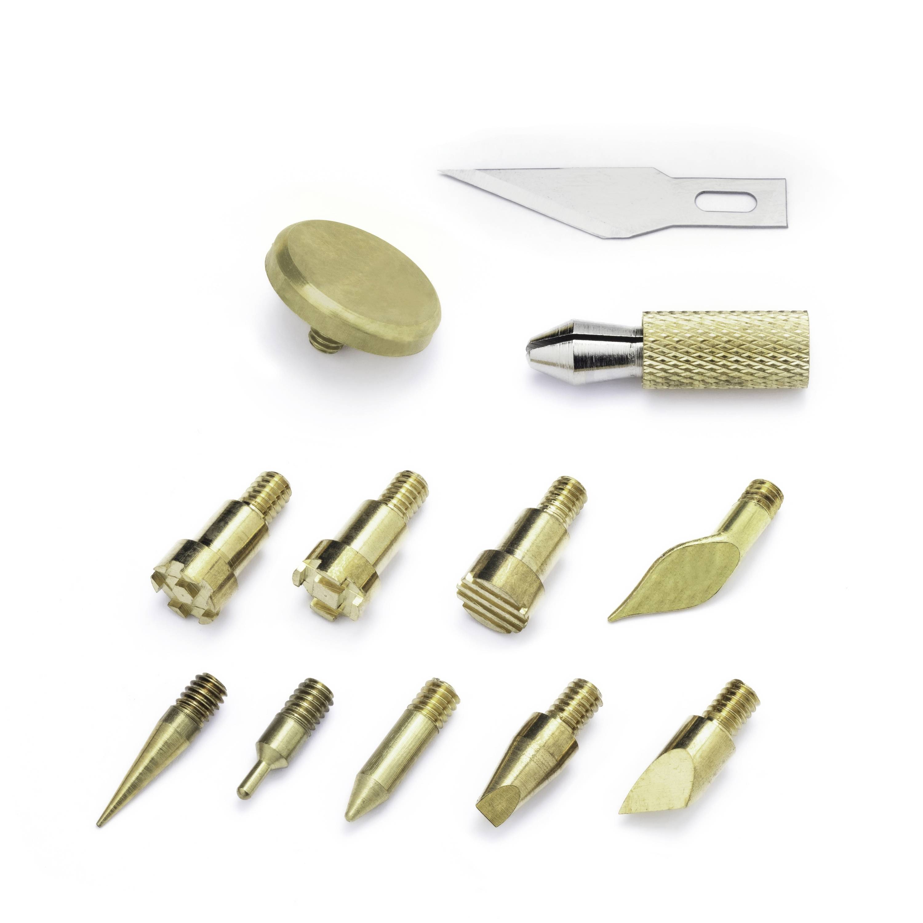 Assorted brass and metal cutter knife attachments, including blades and specialized tips, arranged on a white background.