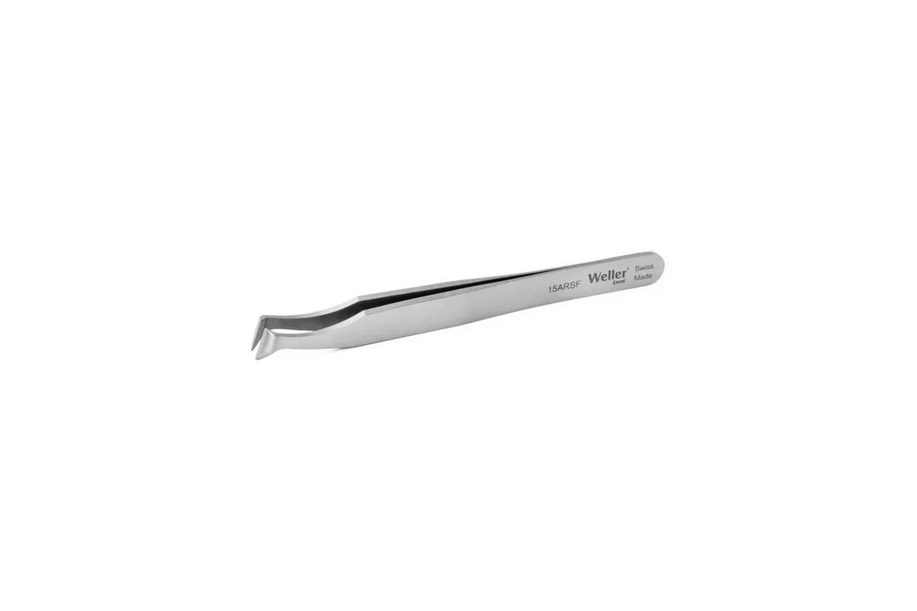 A silver precision tweezer tool with a pointed, angled tip on a white background.
