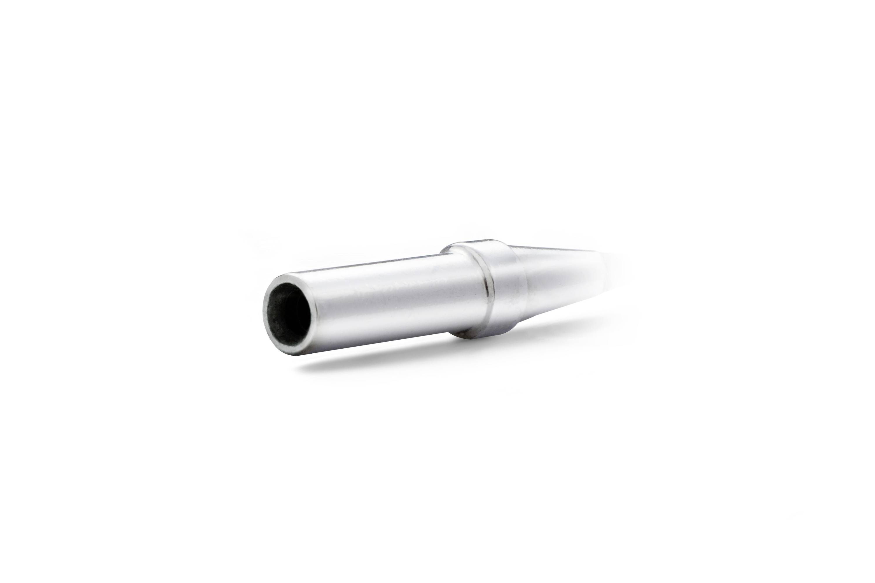Close-up of a shiny metal cylindrical tube or nozzle with a hollow opening, isolated on a white background.