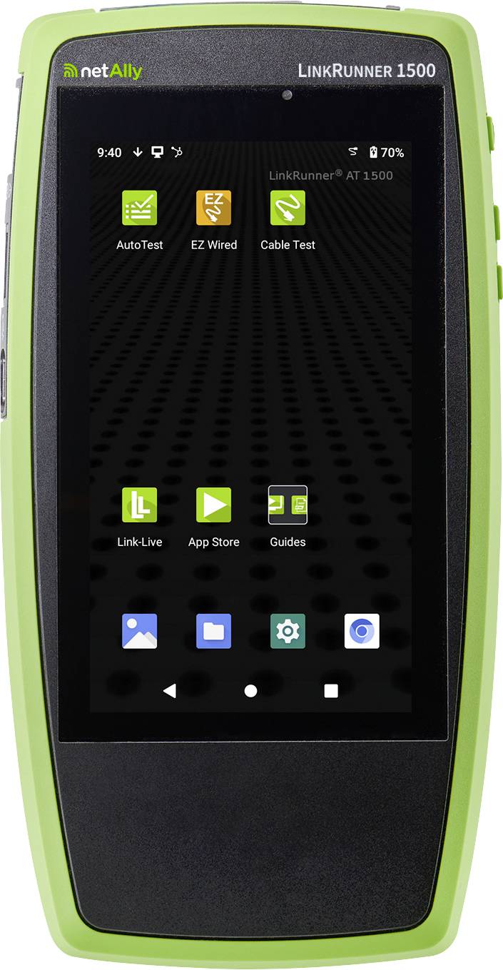 Tragbares netAlly LinkRunner 1500 Netzwerk-Testgerät zeigt Startbildschirm mit App-Symbolen für AutoTest, EZ Wired, Cable Test, Link-Live, App Store und Guides.