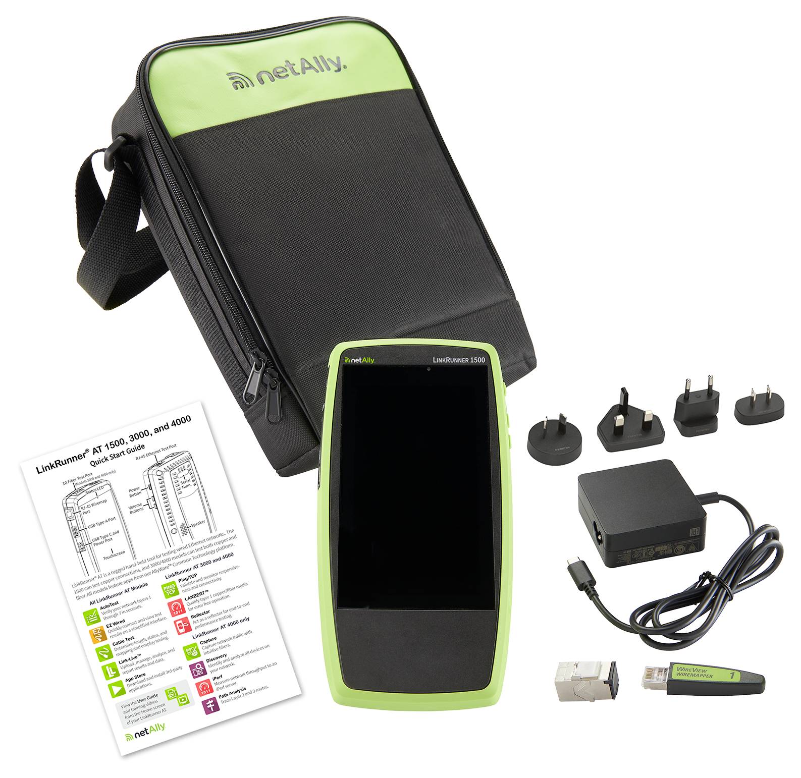 netAlly LinkRunner AT 1000 Kit mit tragbarem Netzwerktester, Transportkoffer, Netzteil, austauschbaren Steckern, USB-Kabel und Schnellstartanleitung