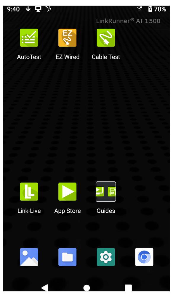 Android-Startbildschirm mit LinkRunner AT 1500-App-Symbolen: AutoTest, EZ Wired, Cable Test, Link-Live, App Store, Guides, Photos, Files, Settings und Camera.
