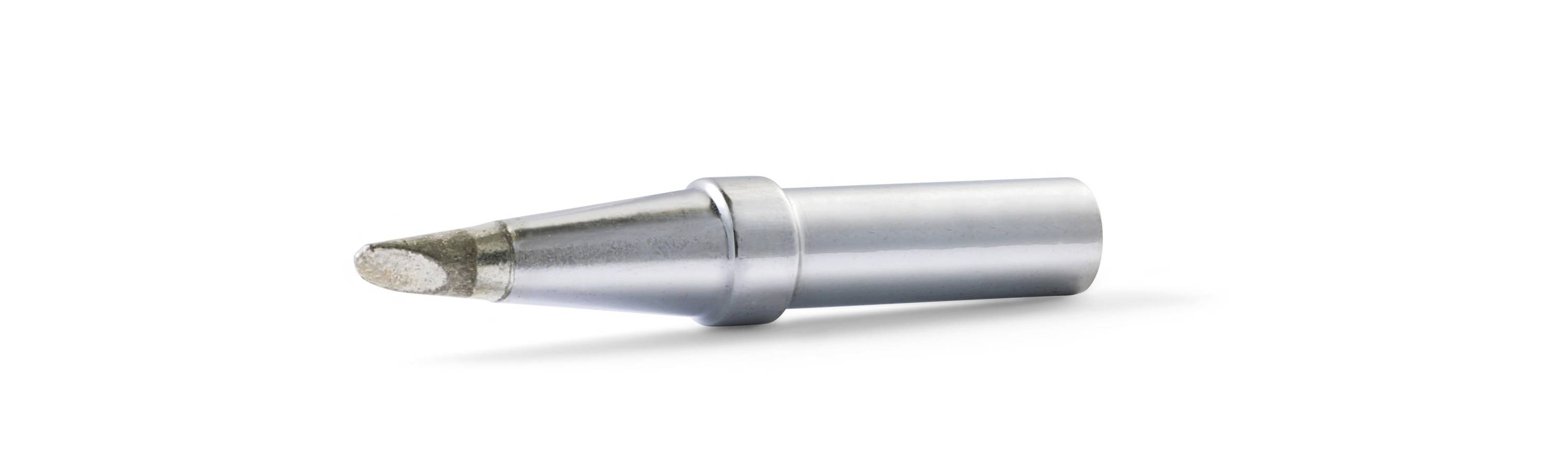 A metallic soldering iron tip shown in close-up, angled left on a white background.