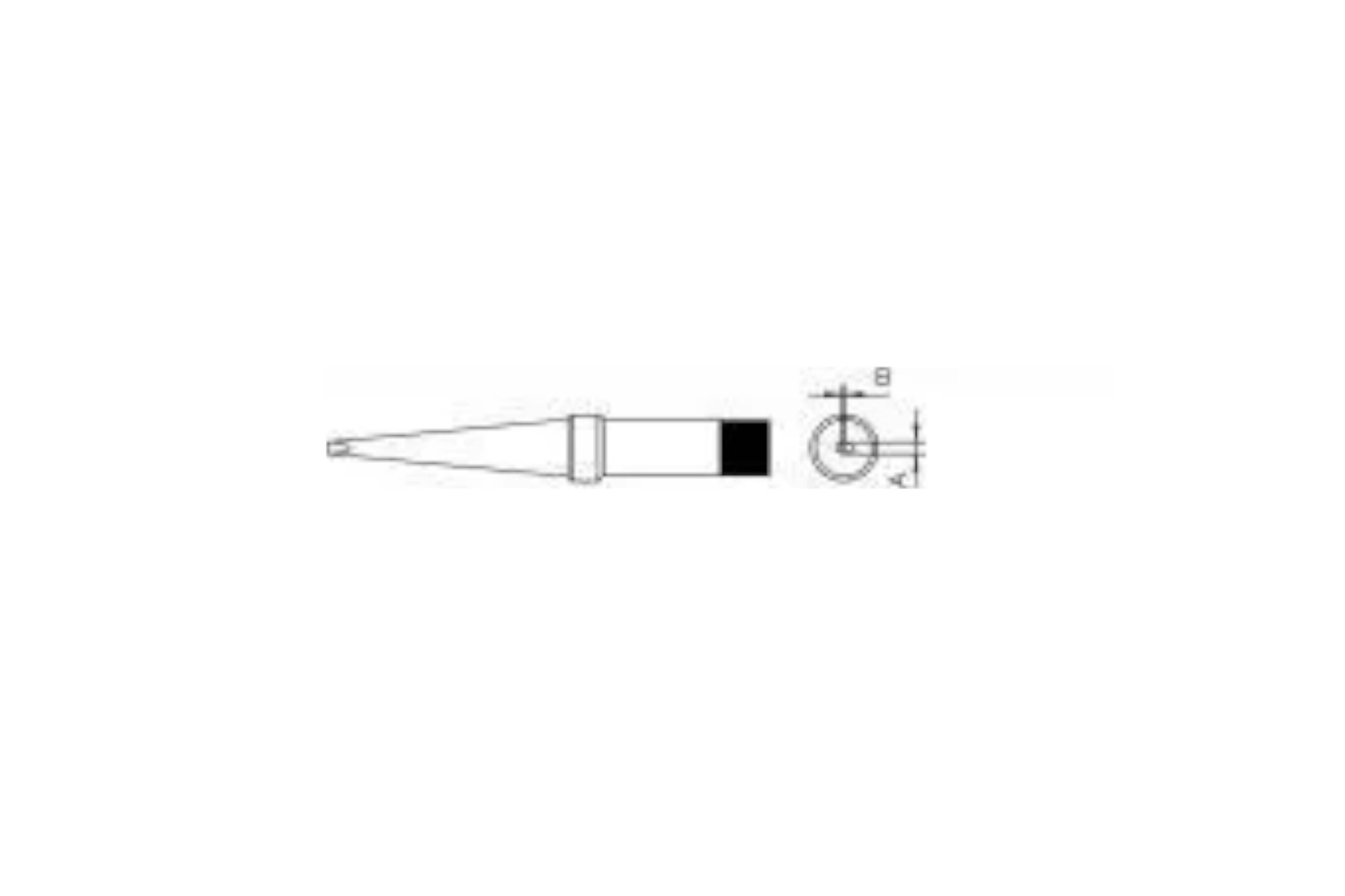 Technical drawing of a tapered cylindrical part with a black end cap, shown in side and end views with diameter and length dimensions.