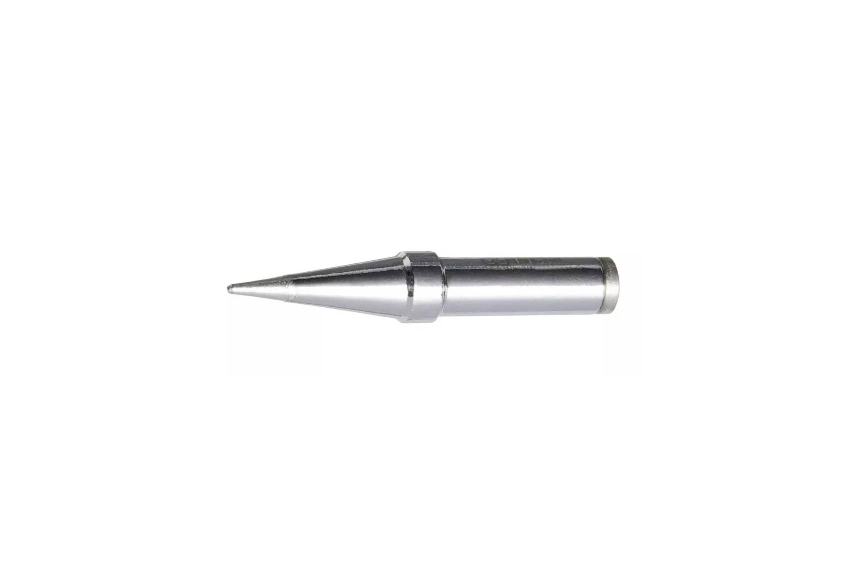 Close-up of a metallic pen tip or pen nib on a white background.
