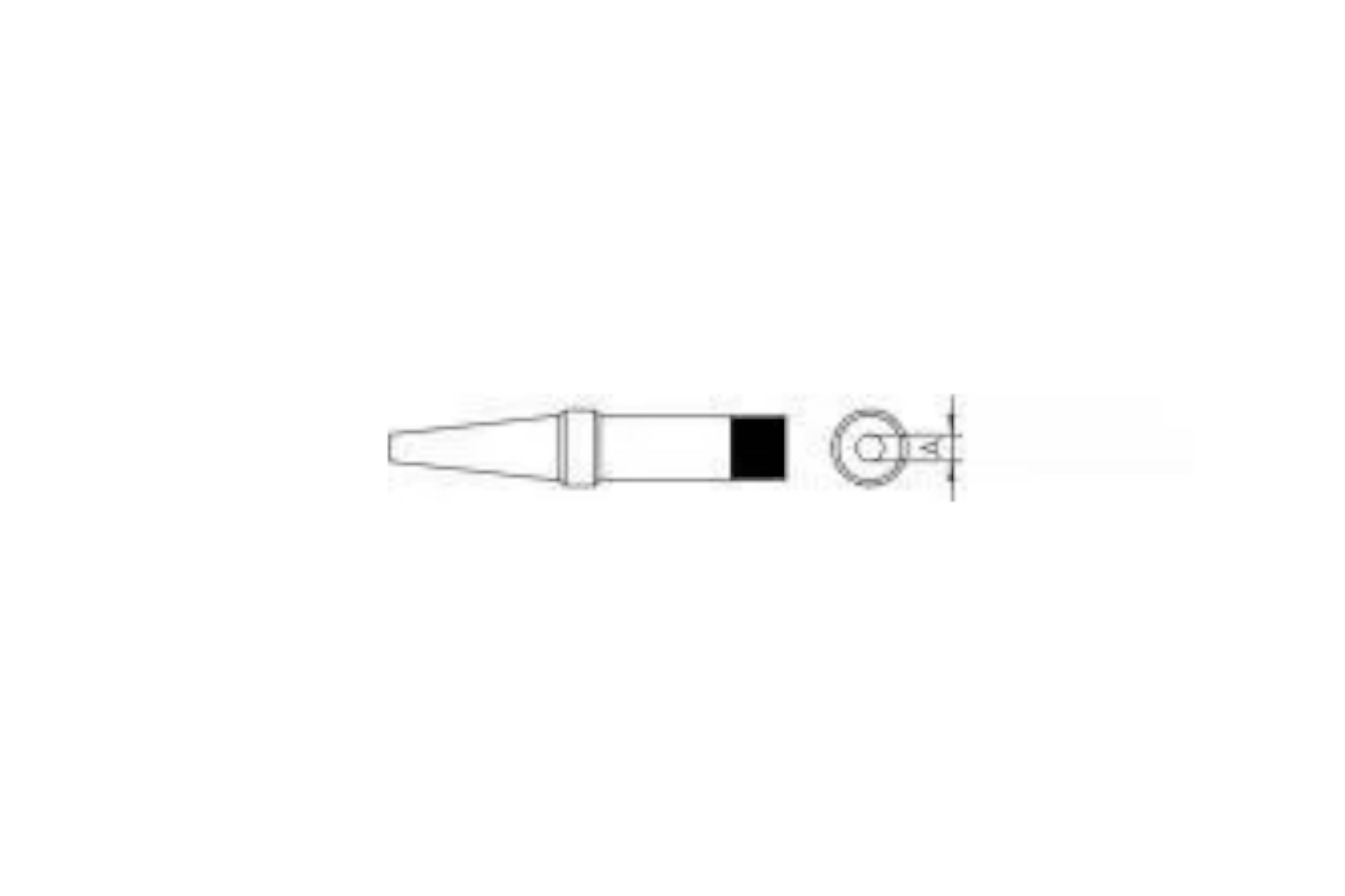Side and end views of a tapered cylindrical component with a black rectangular end and a circular cross-section detail.