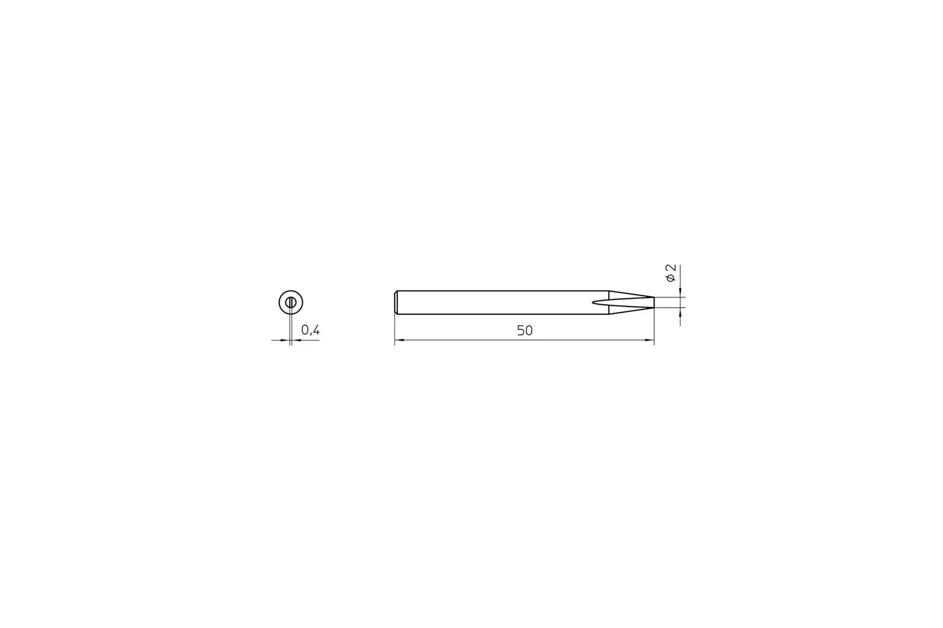 Technical drawing of a cylindrical pin with a pointed end, showing diameter 0.4 and length 50, with the tip extending to 0.2.