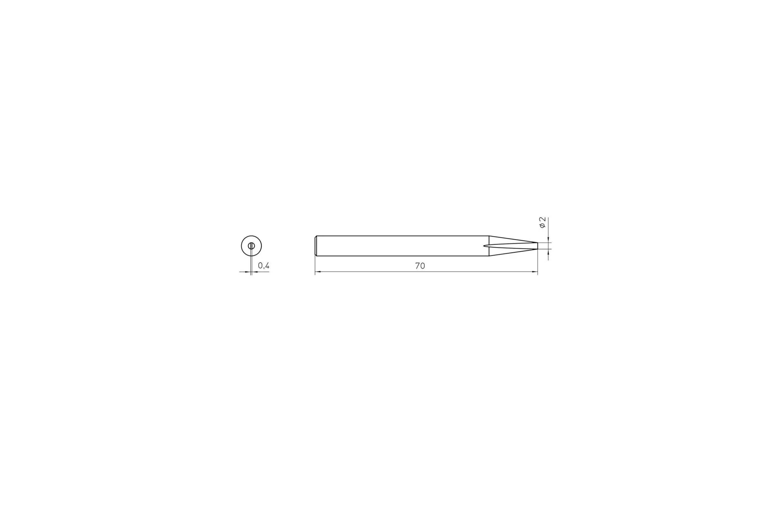 Technical drawing of a cylindrical pin: 70 mm long, 0.4 mm diameter, with a tapered end and 0.2 mm tip dimension.