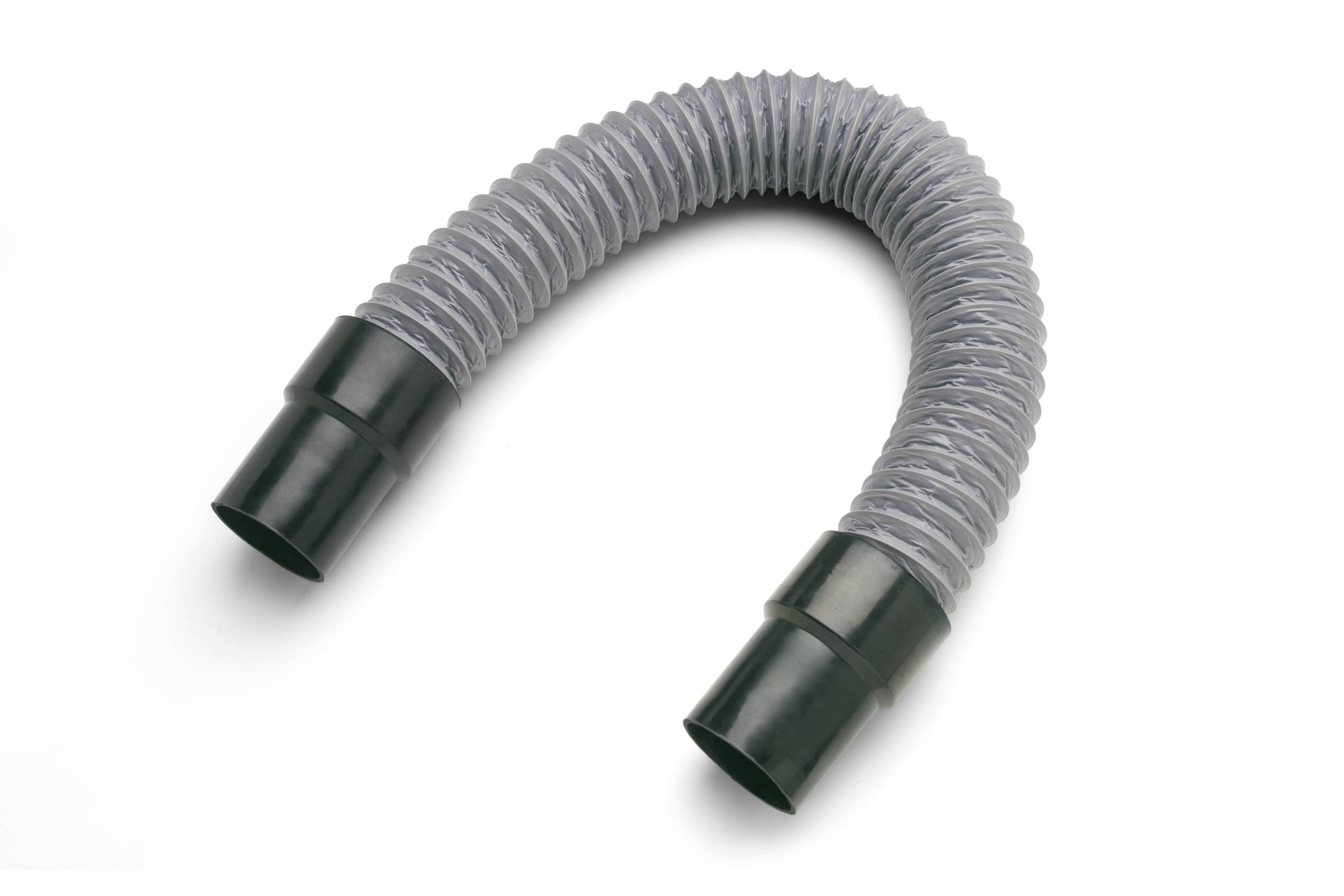 Gray corrugated flexible hose with black connectors, curved in a U shape on a white background.