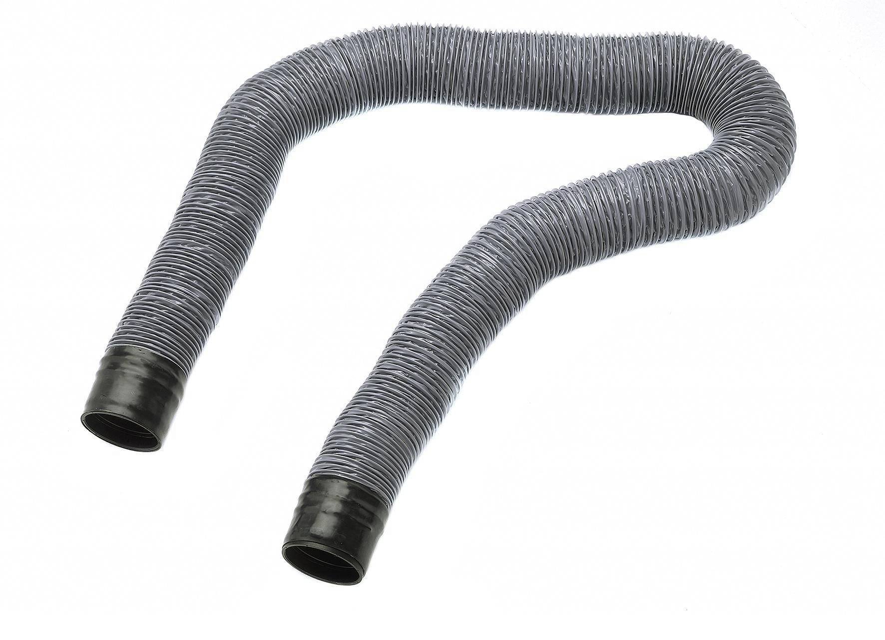 Gray corrugated flexible duct hose with black ends, isolated on a white background.