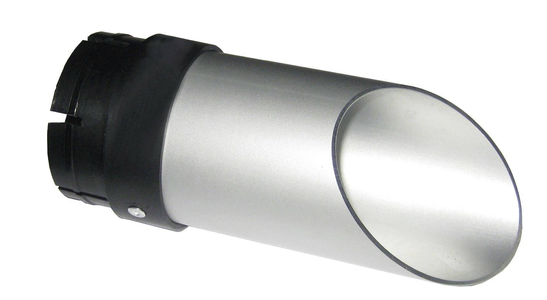 Metallic cylindrical pipe adapter with black mounting collar, shown on a white background.