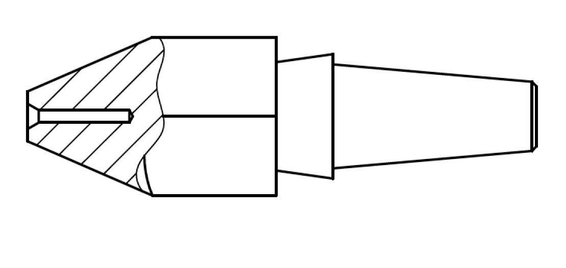 Line drawing of a stepped mechanical tool or nozzle shown in side view, with a tapered left end and a long conical right section.