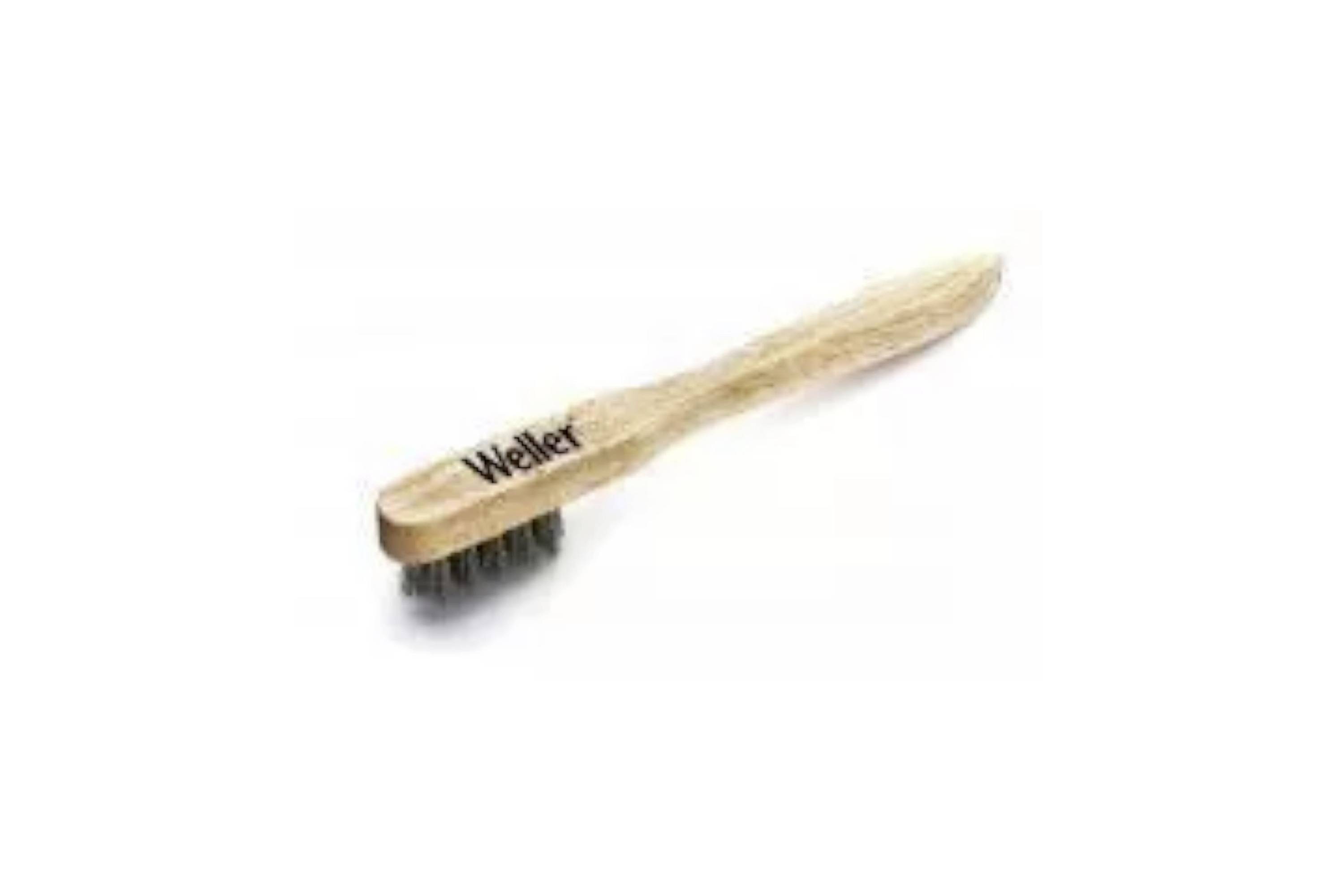 A wooden-handled Weller wire brush on a white background.