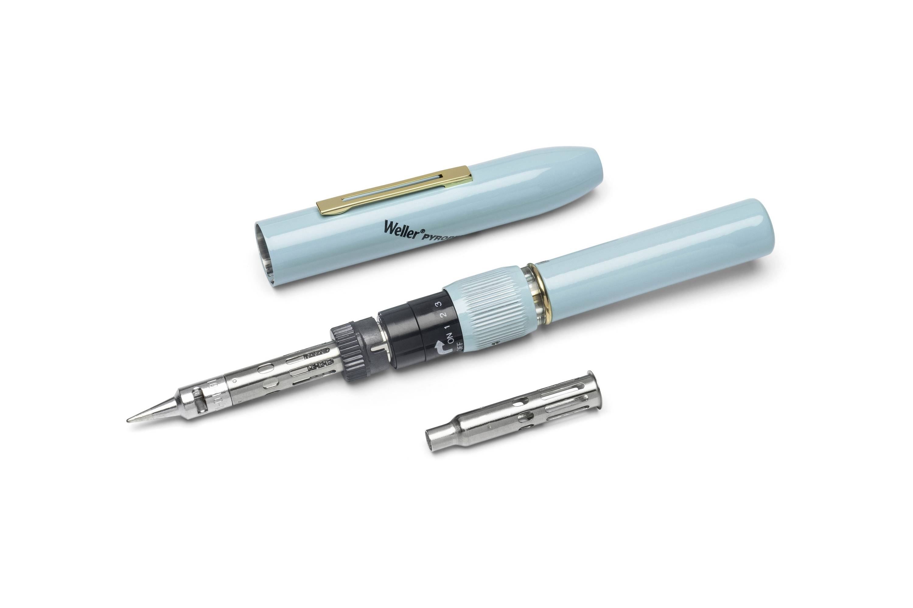 Light blue Weller soldering iron pen with cap and detachable metal tip laid out on a white background.