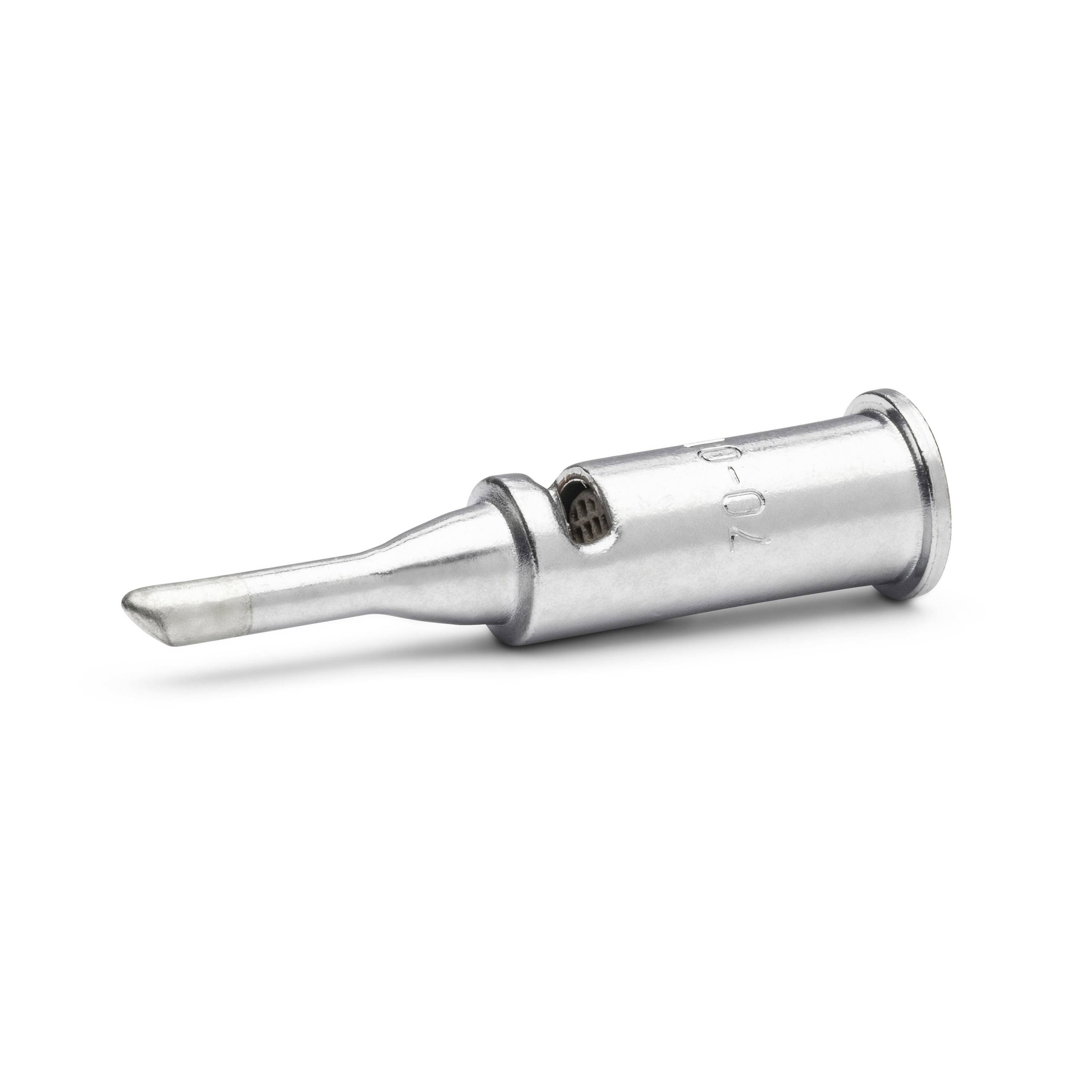 Metal soldering iron tip cartridge with conical pointed nozzle on a white background.