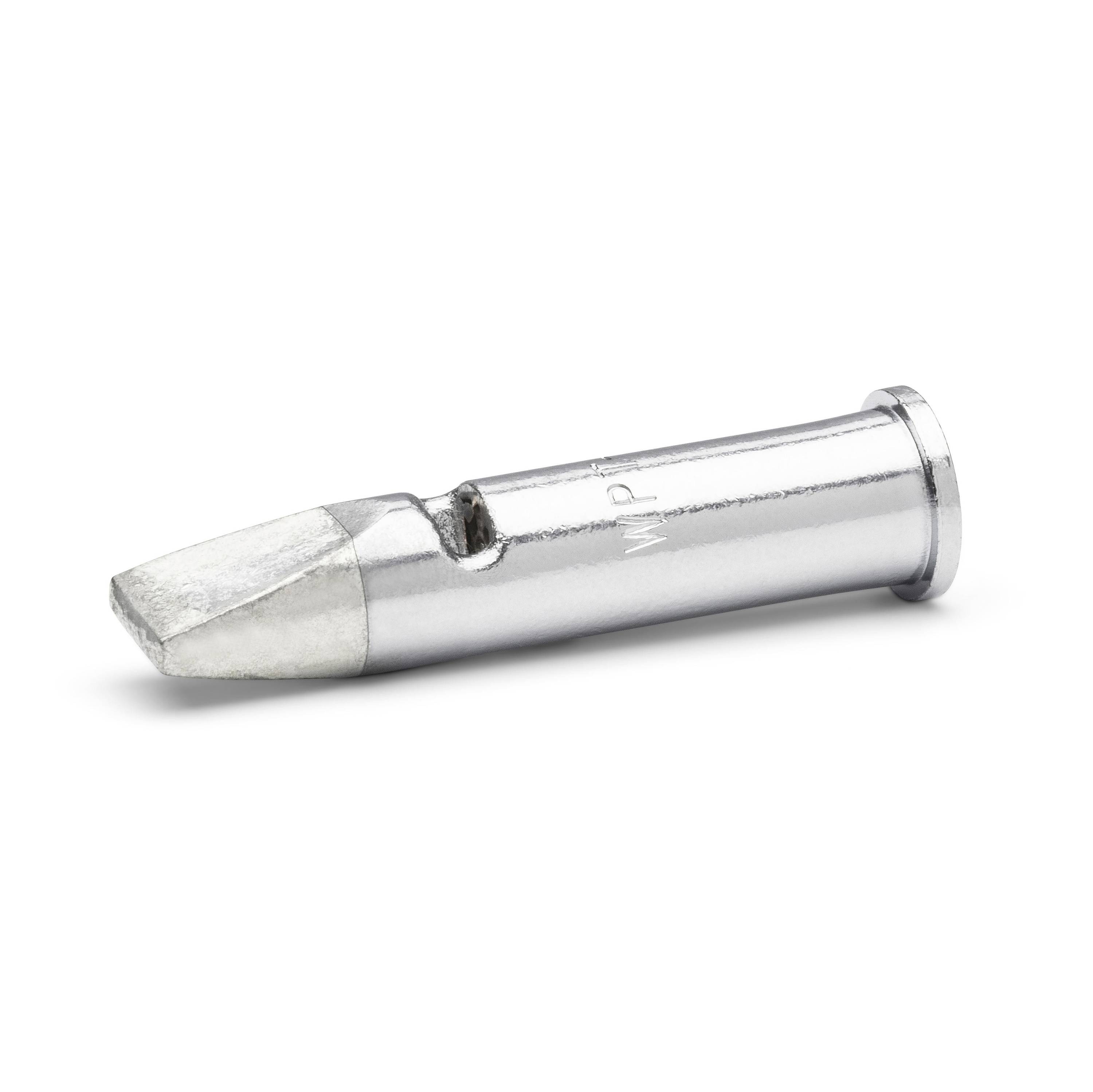 Close-up of a metal soldering iron tip cartridge with a pointed chisel tip on a white background.