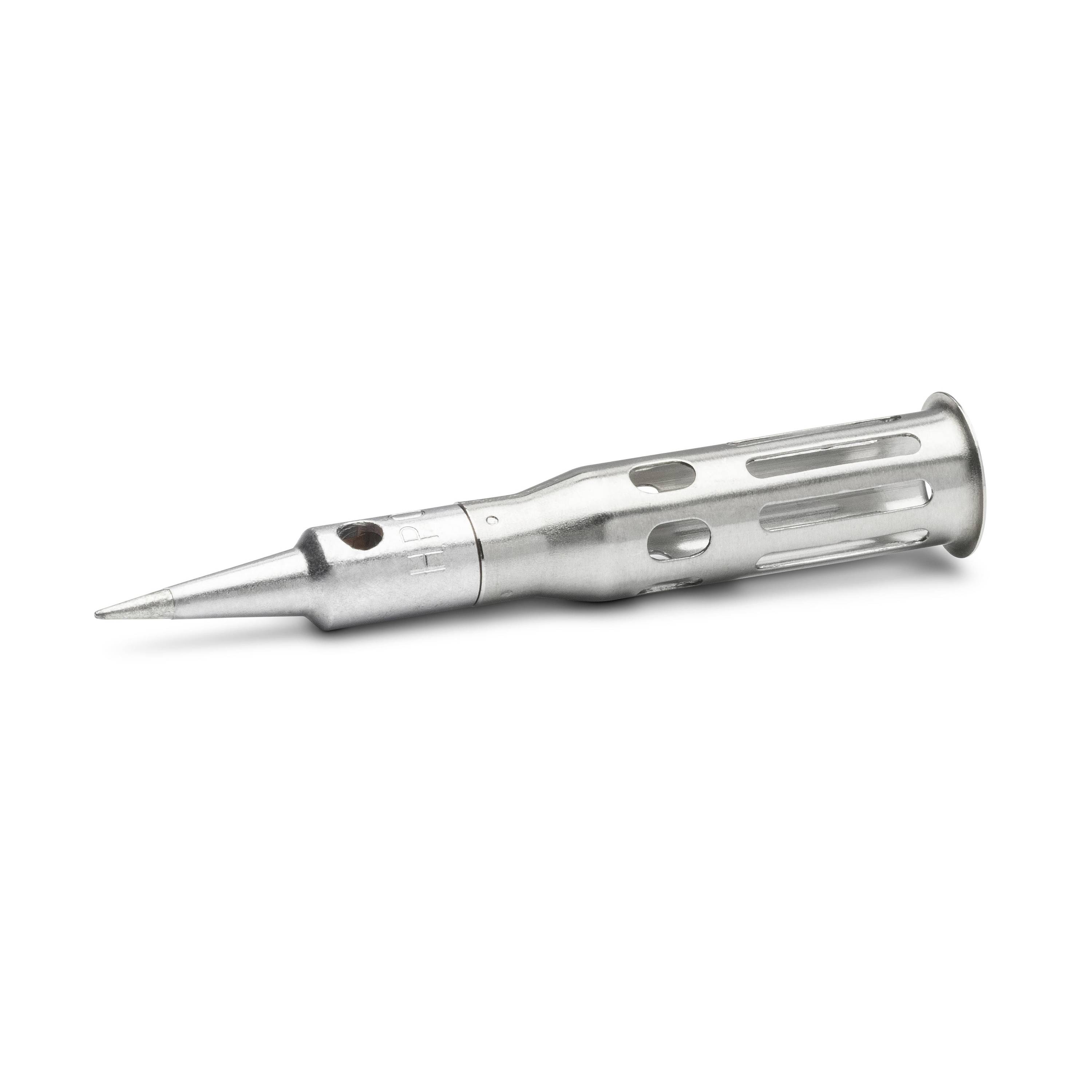 Silver metal screwdriver bit with a pointed tip and slotted shaft, shown on a white background.