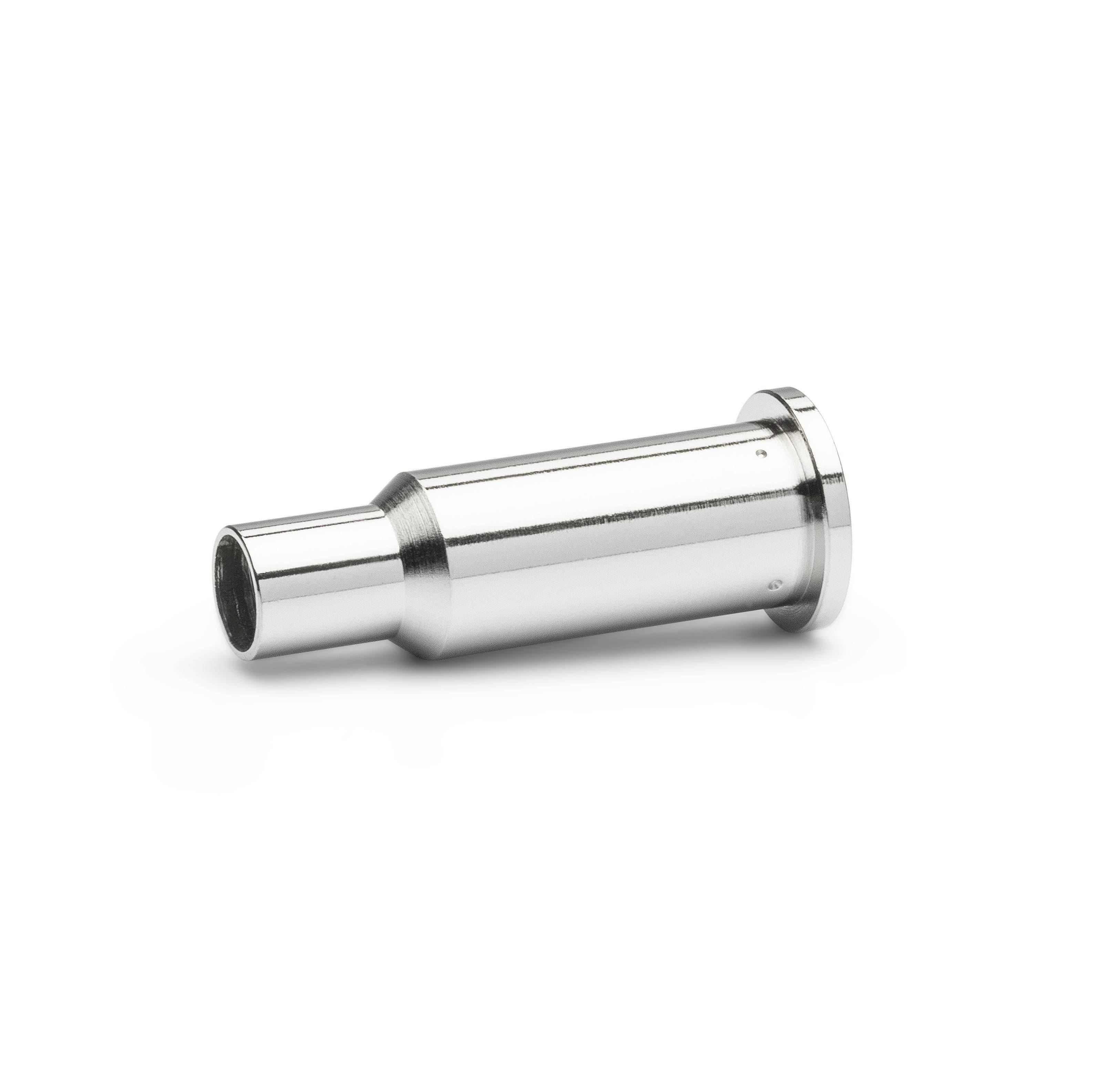 Metallic cylindrical pipe adapter fitting with a flanged end, shown on a white background.