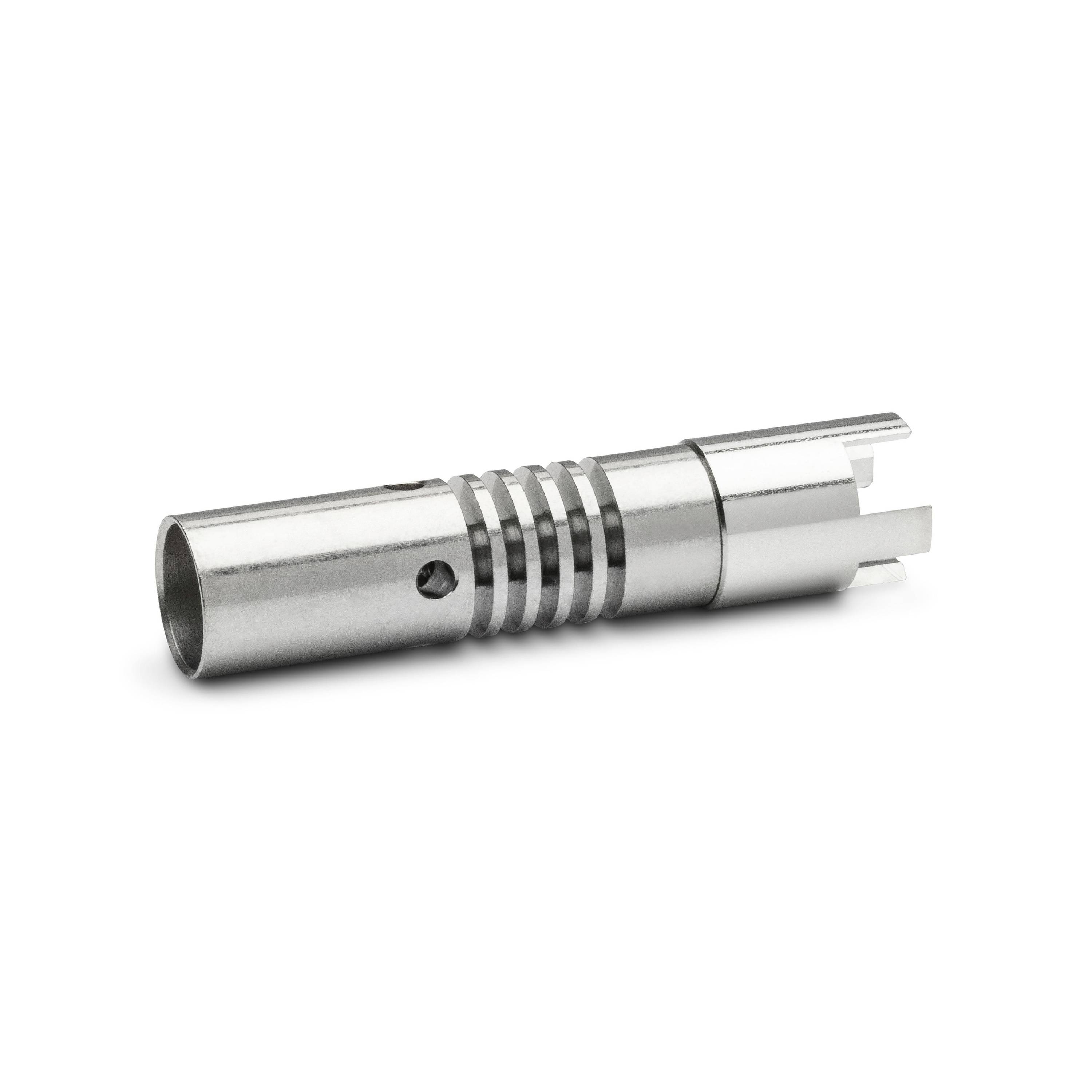 Silver metal cylindrical mechanical part with a slotted end and grooved middle, isolated on a white background.