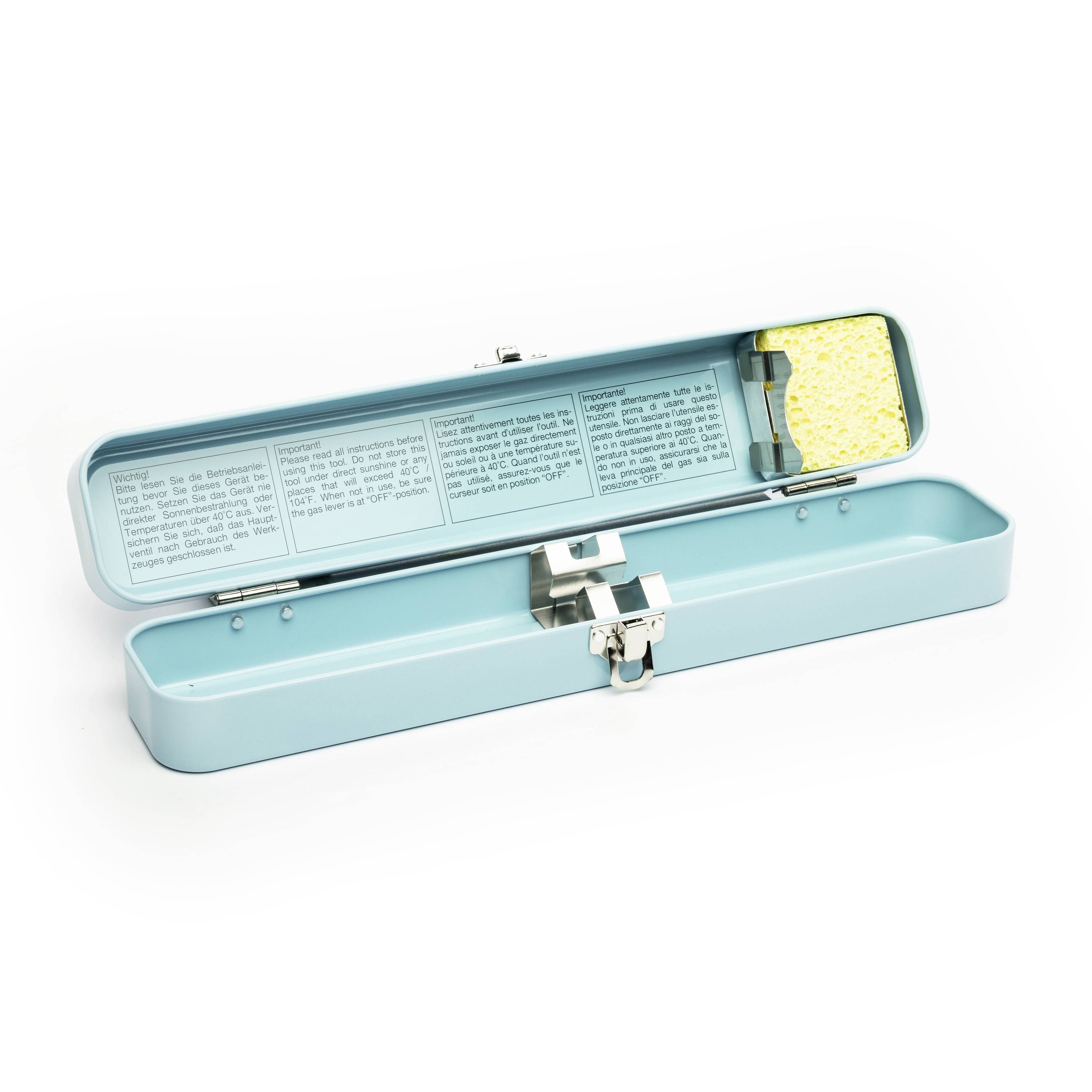 Open light blue metal case with printed instructions inside the lid and a yellow sponge in one end compartment.
