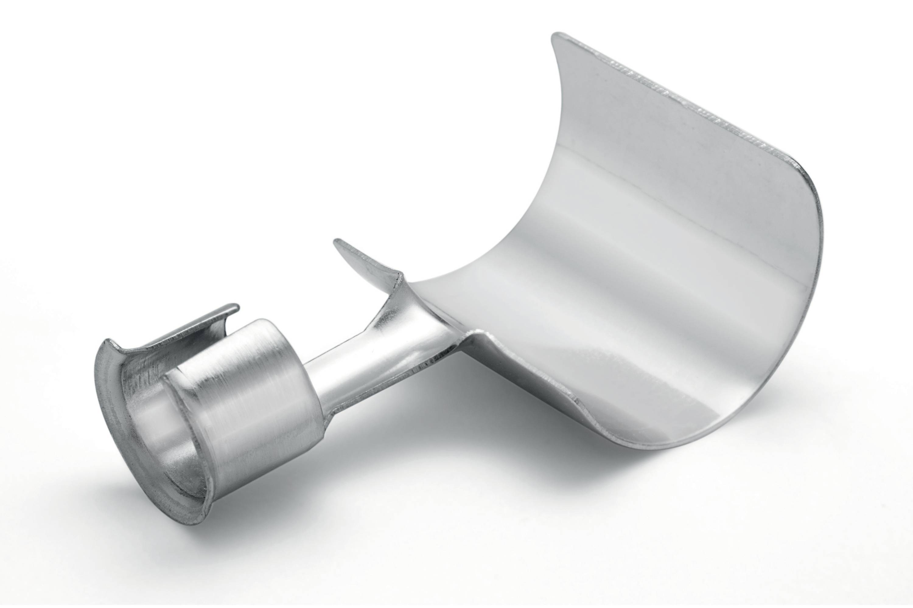 Silver metal gutter downspout outlet with curved hood and cylindrical connector on a white background.