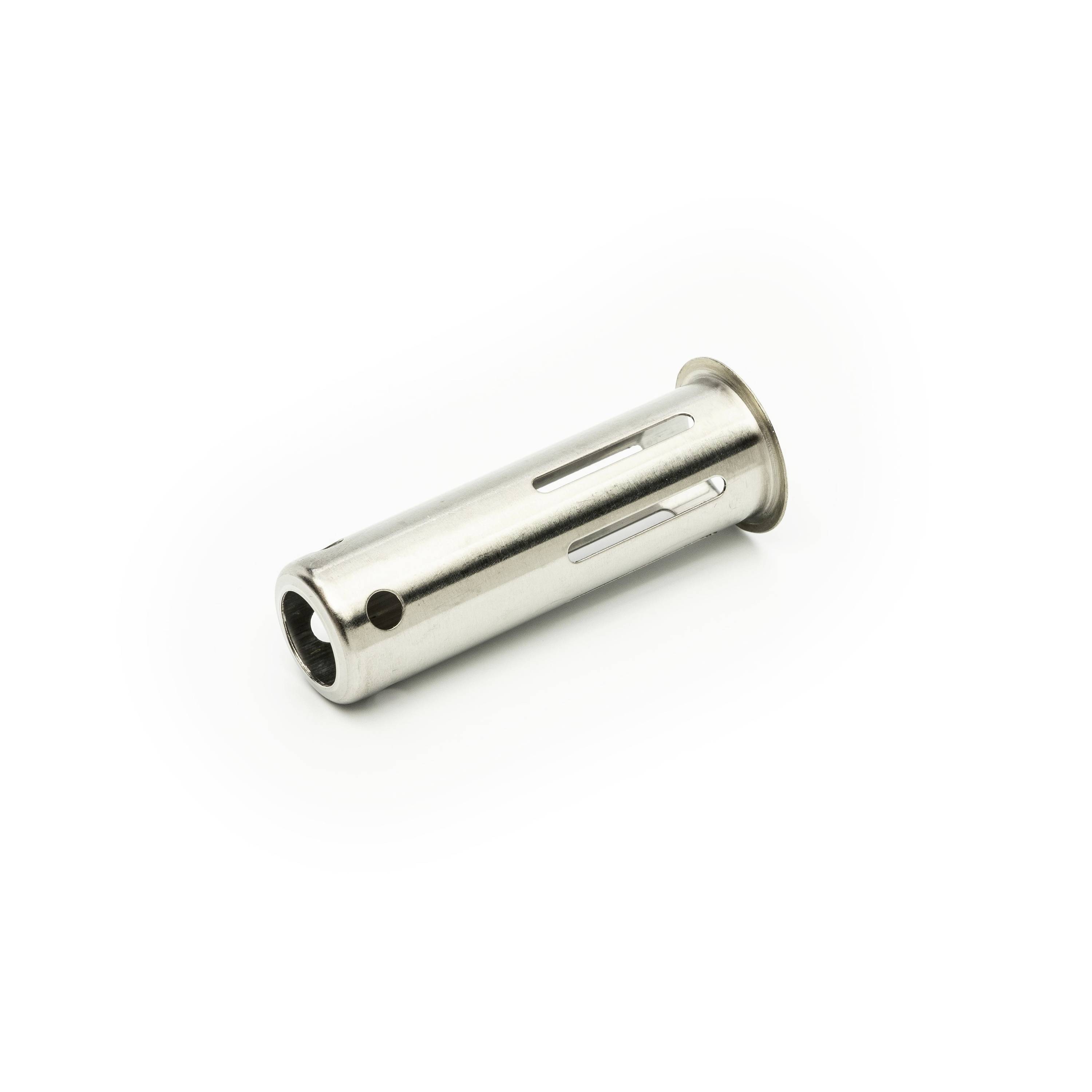 Metal hollow wall anchor sleeve with slotted sides and flanged end on a white background.