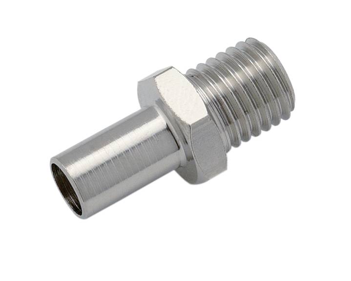 Metal threaded pipe fitting adapter with hex nut, shown on white background.