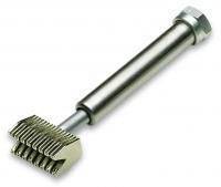 Metal thread gauge tool with a cylindrical handle and comb-like measuring head for checking screw threads.