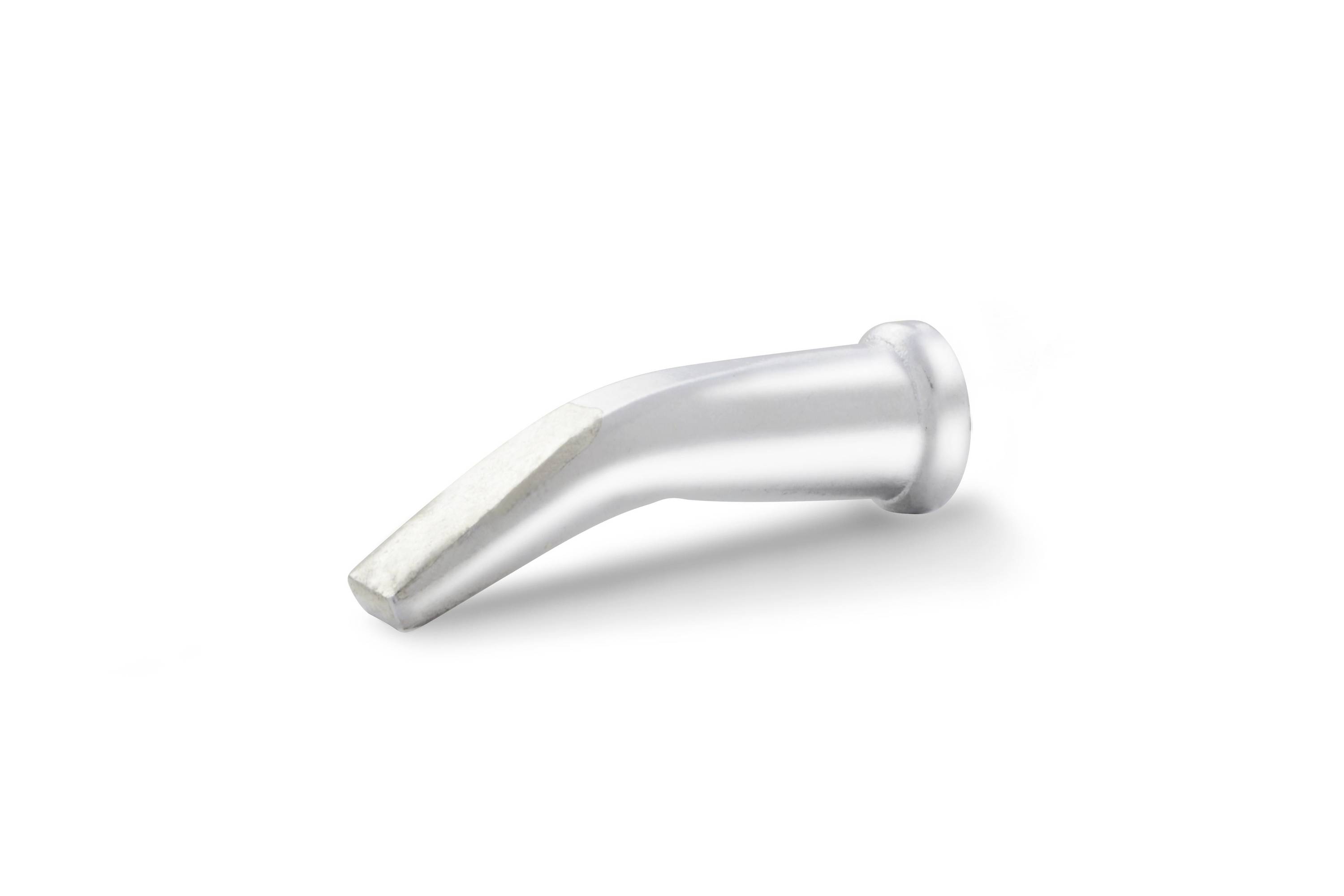 Metal bent nozzle or spout attachment, silver, shown isolated on a white background.