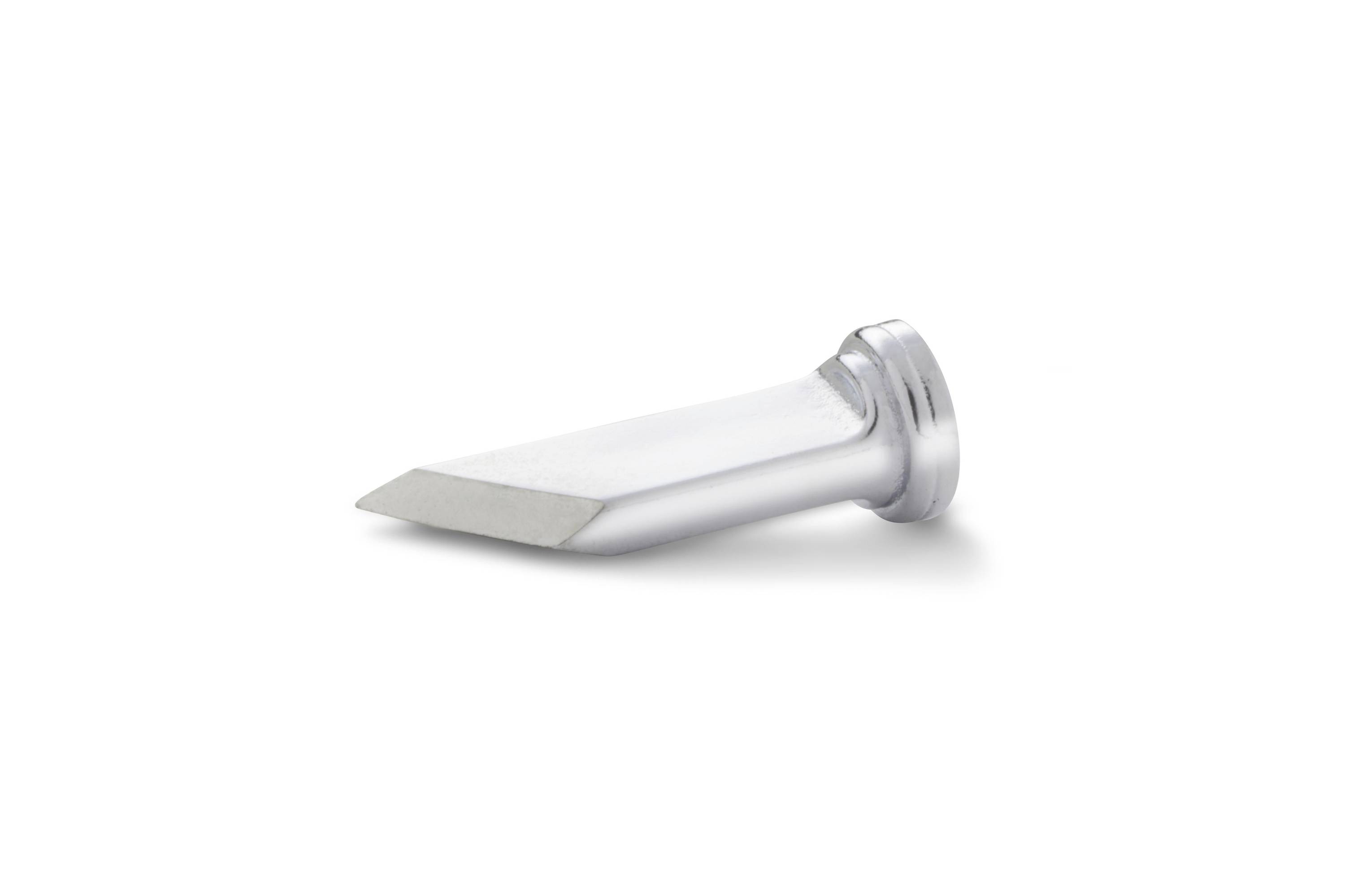 A metal chisel tool with a beveled cutting edge and ridged collar, isolated on a white background.