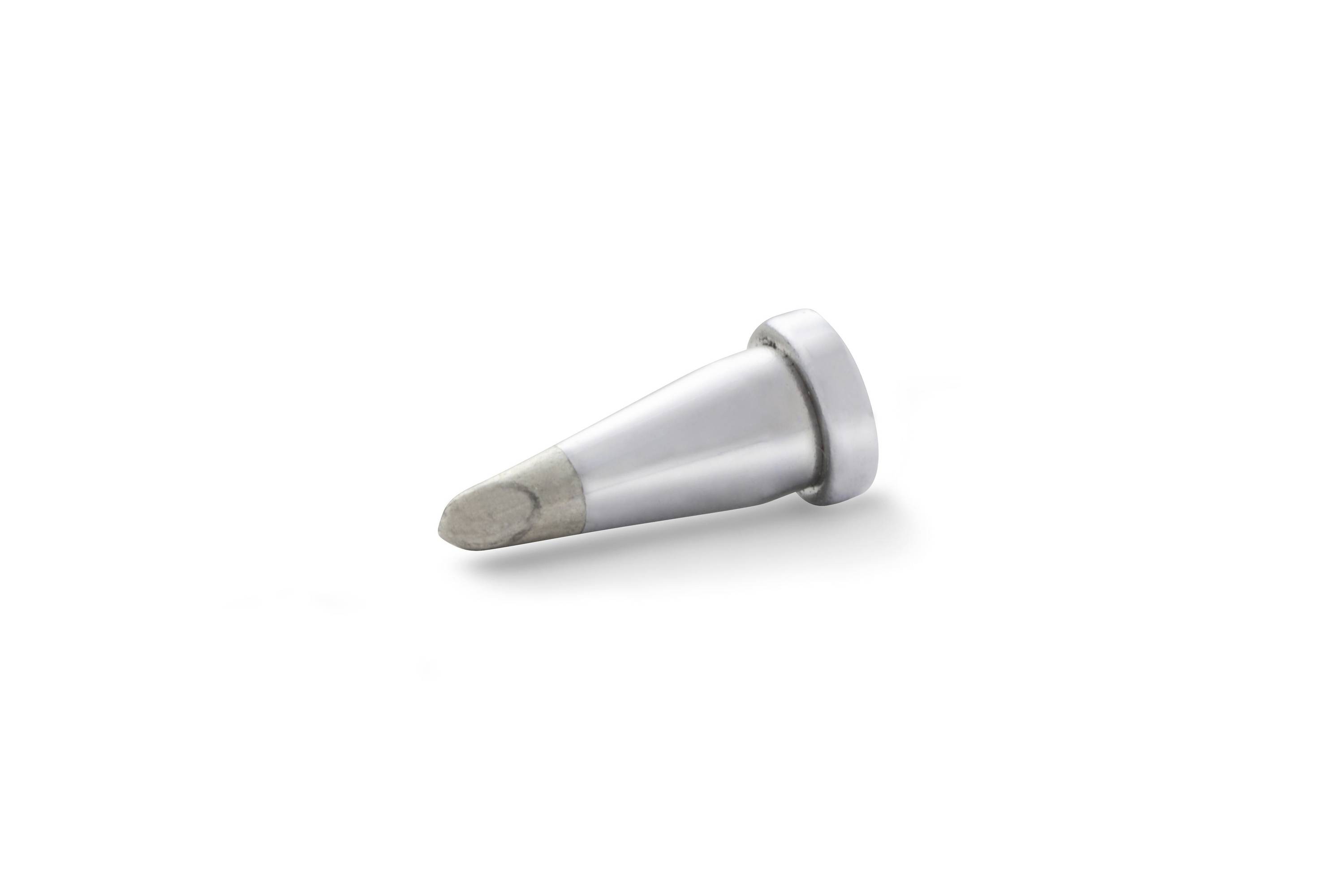 Small silver metal cone with a worn gray tip, lying on a white background.