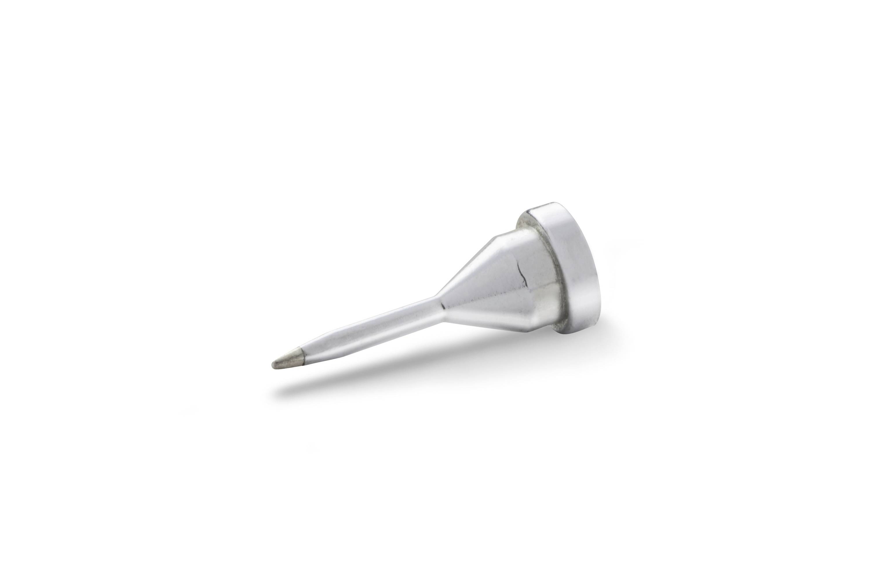 Silver metallic ear speculum tip on a white background, shown in side view.