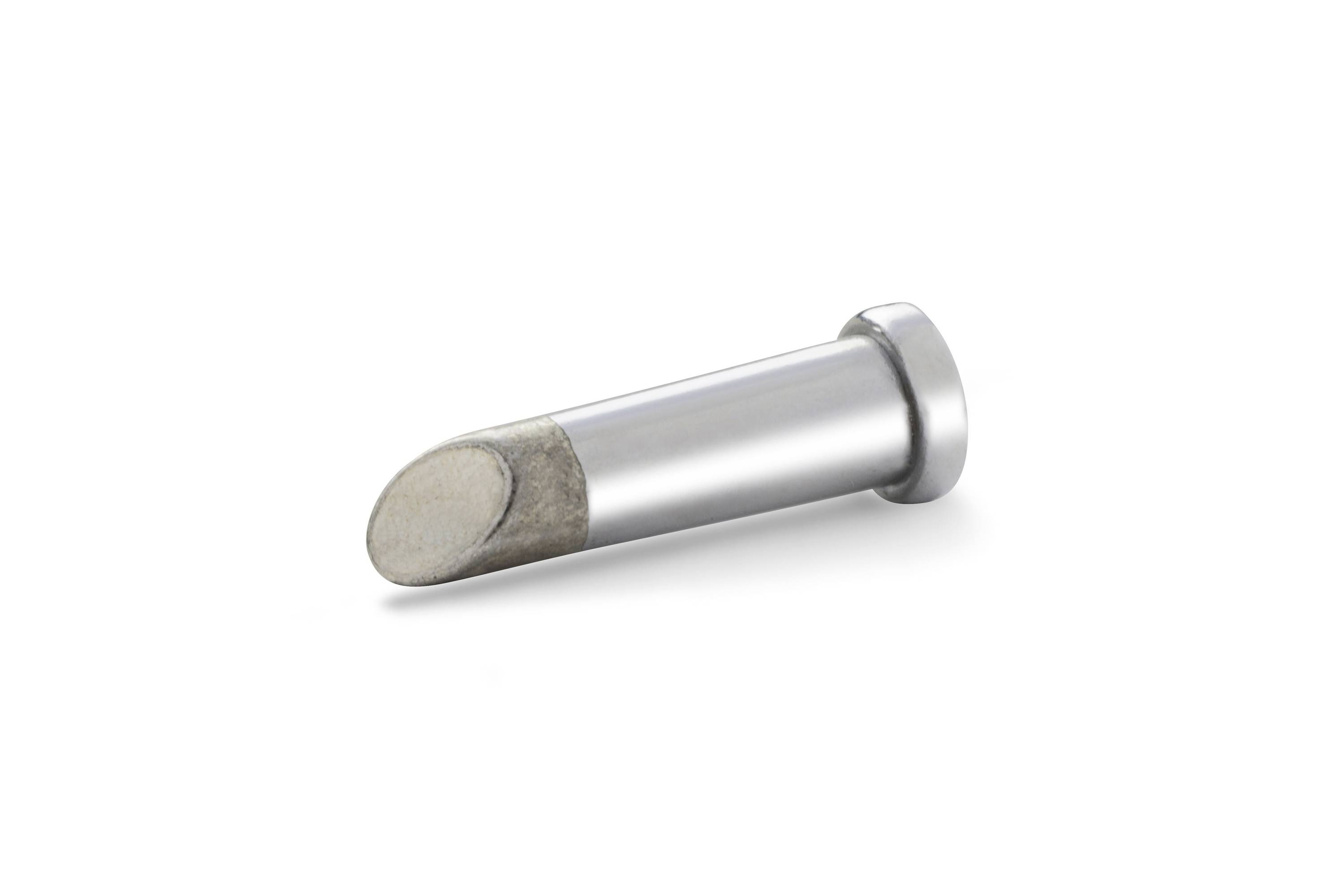 Metal rivet or fastener shown on a white background, angled with a flat head and tapered end.