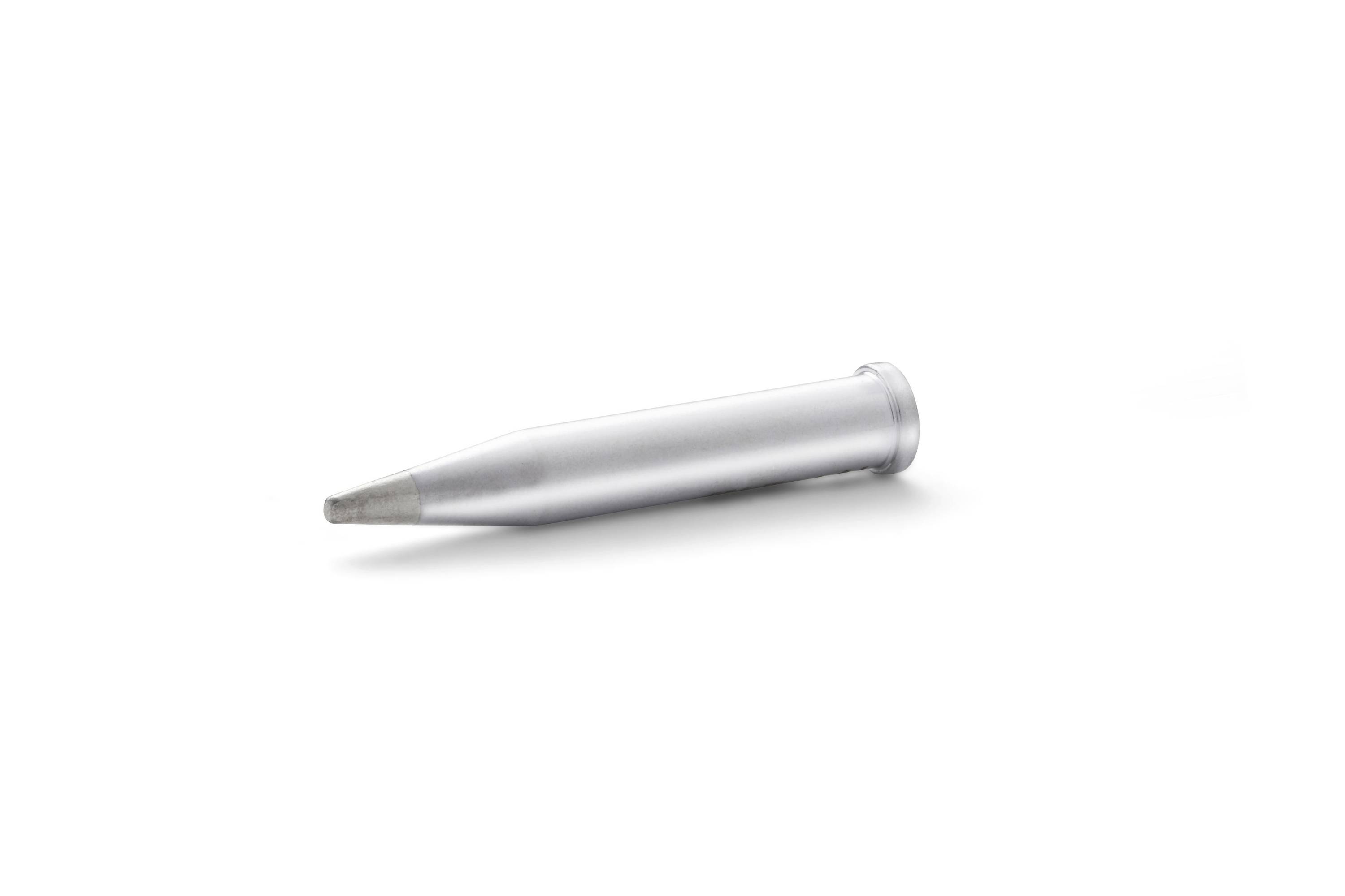 Silver metal pipe nozzle, tapered cone-shaped end on a white background.